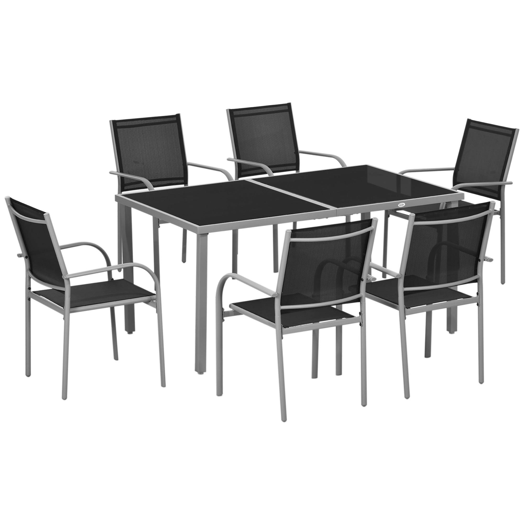 Garden Set, 7 Pieces, 6 Chairs and 1 Steel Table, Stackable Chairs, Tempered Glass Top, Black