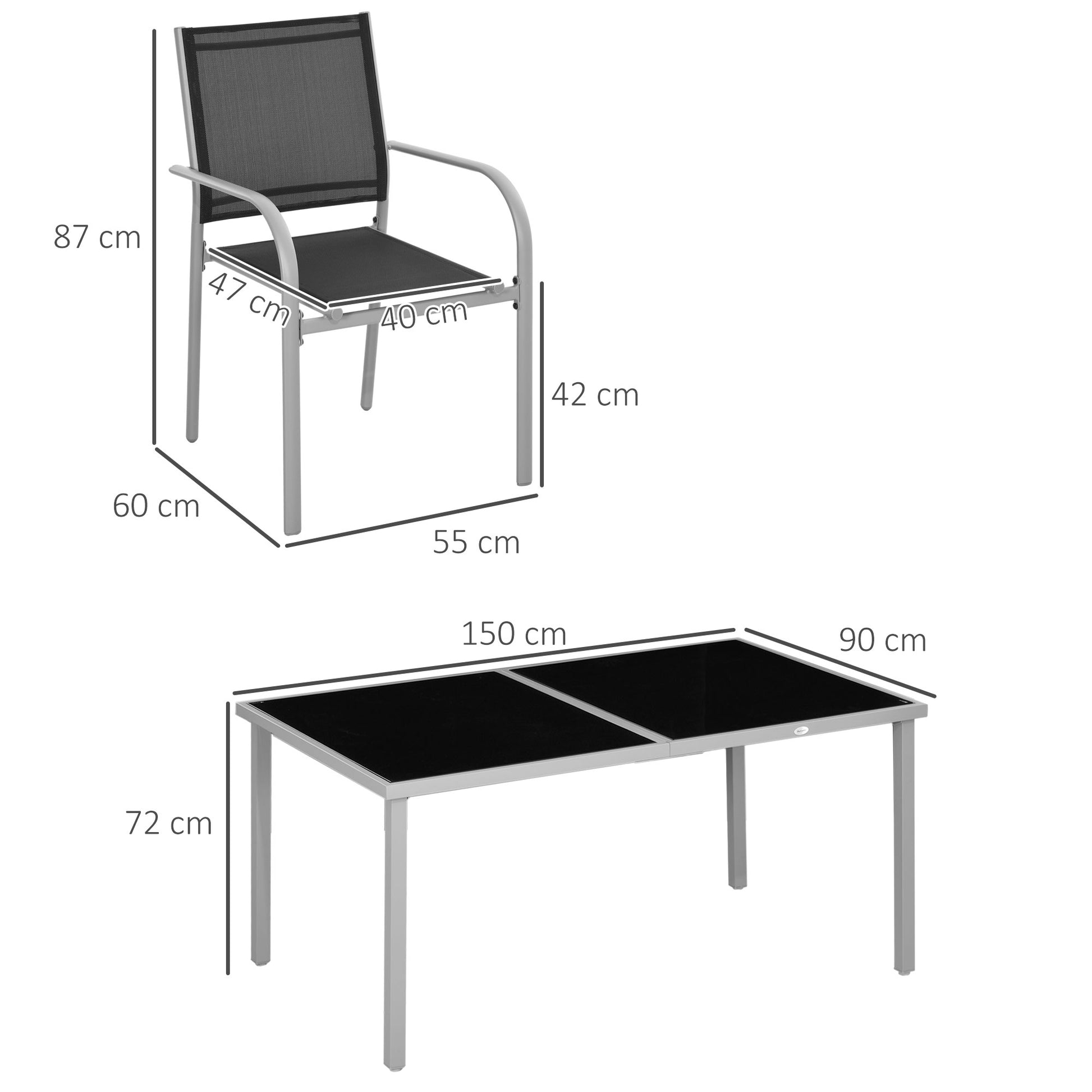 Garden Set, 7 Pieces, 6 Chairs and 1 Steel Table, Stackable Chairs, Tempered Glass Top, Black