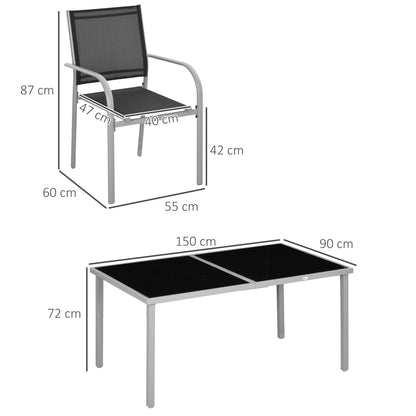 Garden Set, 7 Pieces, 6 Chairs and 1 Steel Table, Stackable Chairs, Tempered Glass Top, Black