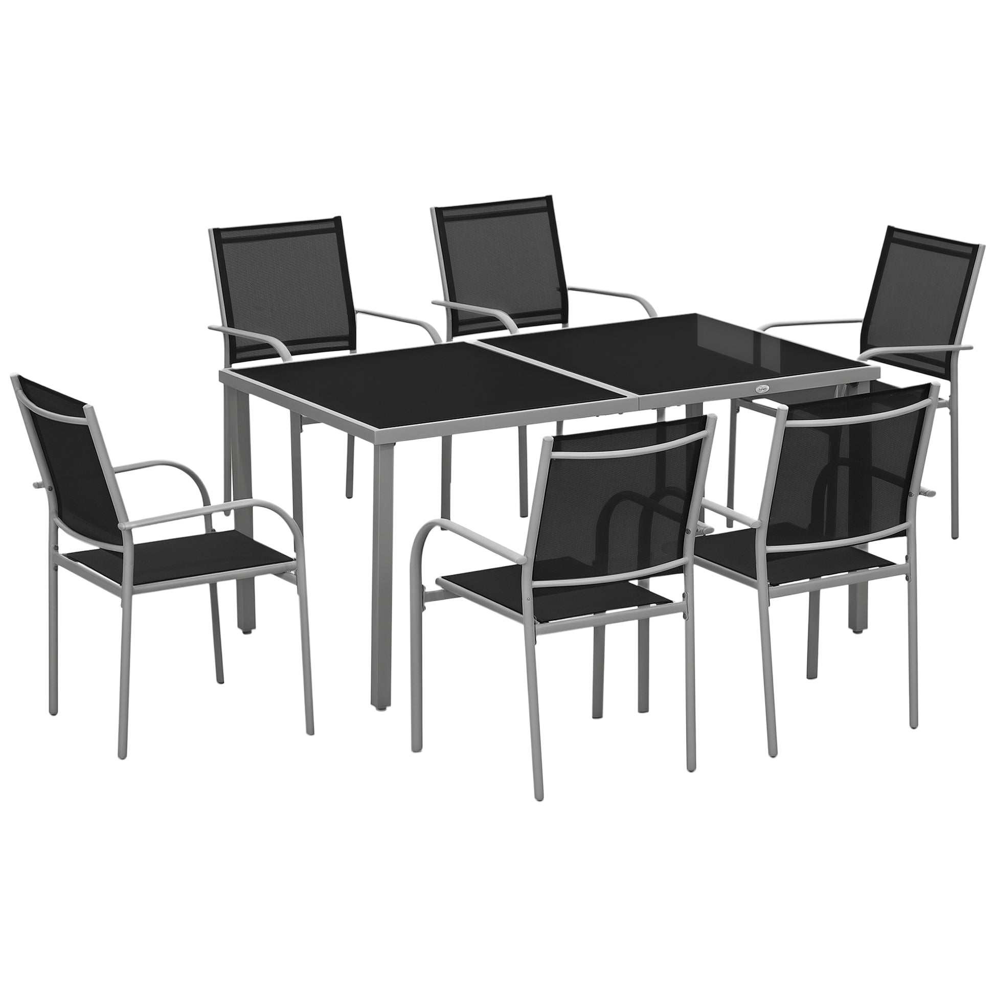 Garden Set, 7 Pieces, 6 Chairs and 1 Steel Table, Stackable Chairs, Tempered Glass Top, Black