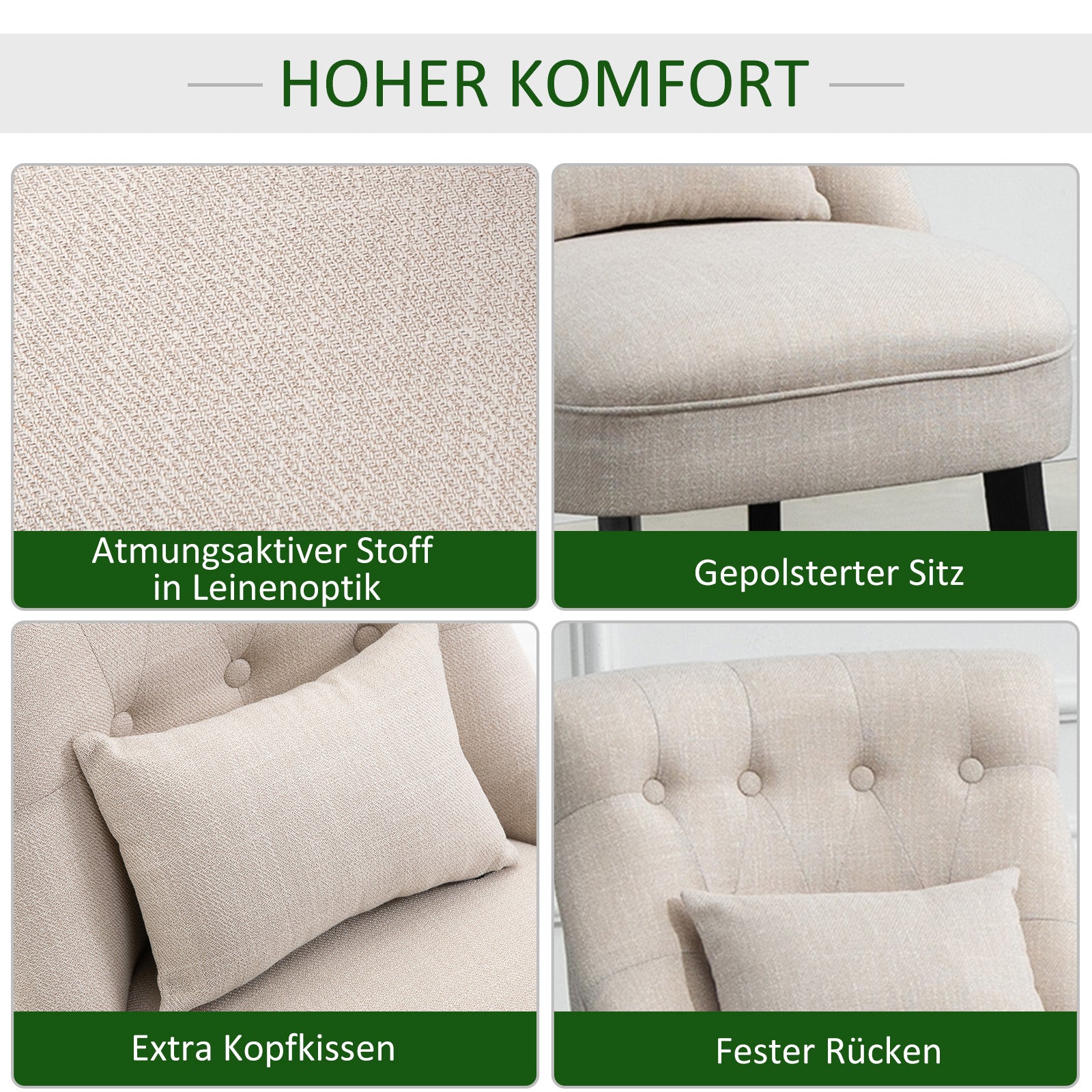 Armchair Living Room Relax Armchair Lounge Armchair Recliner with Back Pillow, Wooden Legs, Reading Armchair with Linen Look, Upholstered Armchair for Bedroom, Cream
