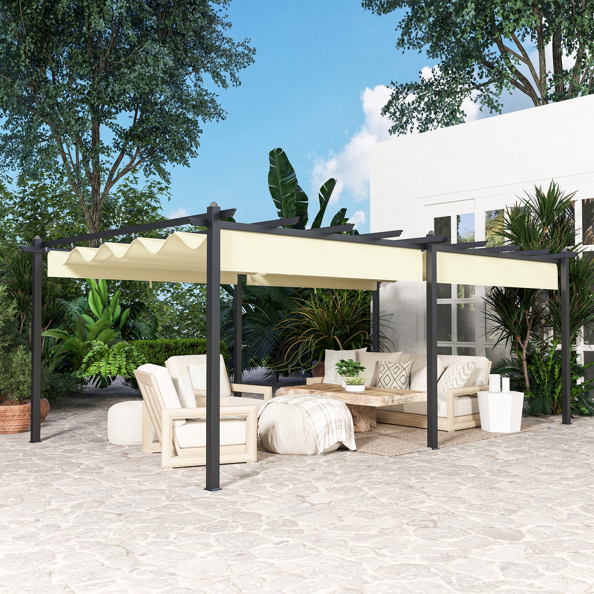 Outdoor Garden Pergola Aluminum 3.6 x 6m Retractable Sliding Roof for Terrace Aluminum Structure + Polyester Fabric - Beige