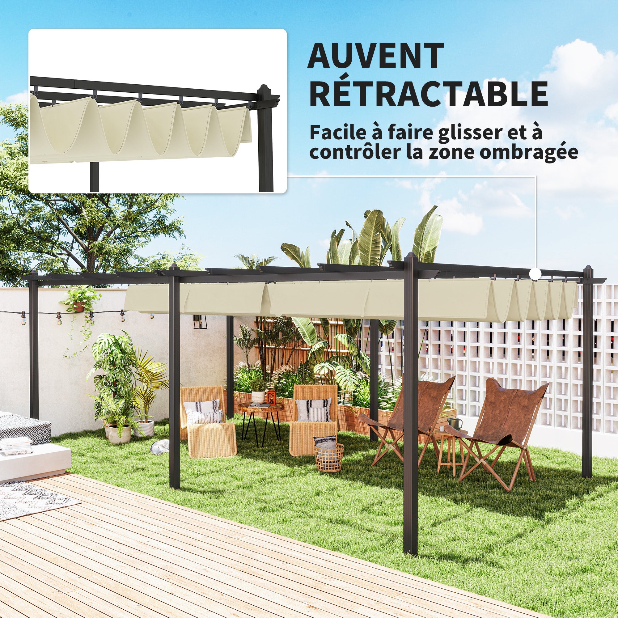 Outdoor Garden Pergola Aluminum 3.6 x 6m Retractable Sliding Roof for Terrace Aluminum Structure + Polyester Fabric - Beige