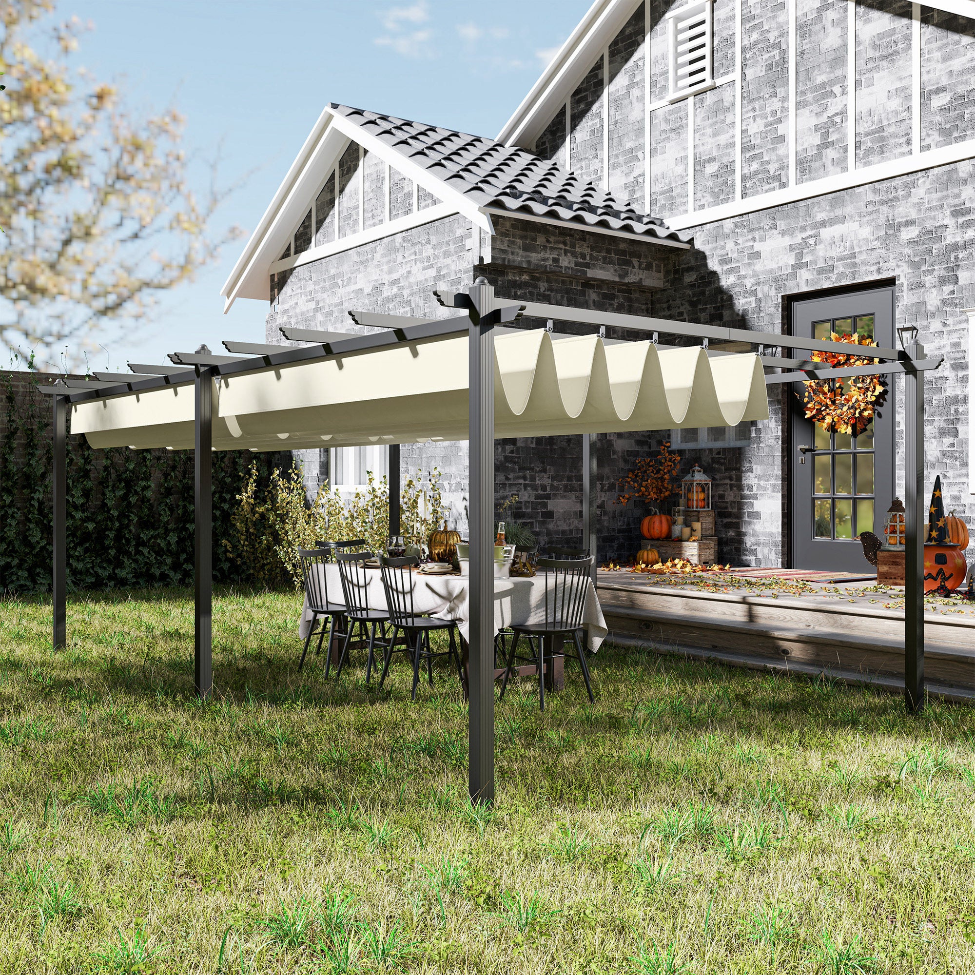 Outdoor Garden Pergola Aluminum 3.6 x 6m Retractable Sliding Roof for Terrace Aluminum Structure + Polyester Fabric - Beige