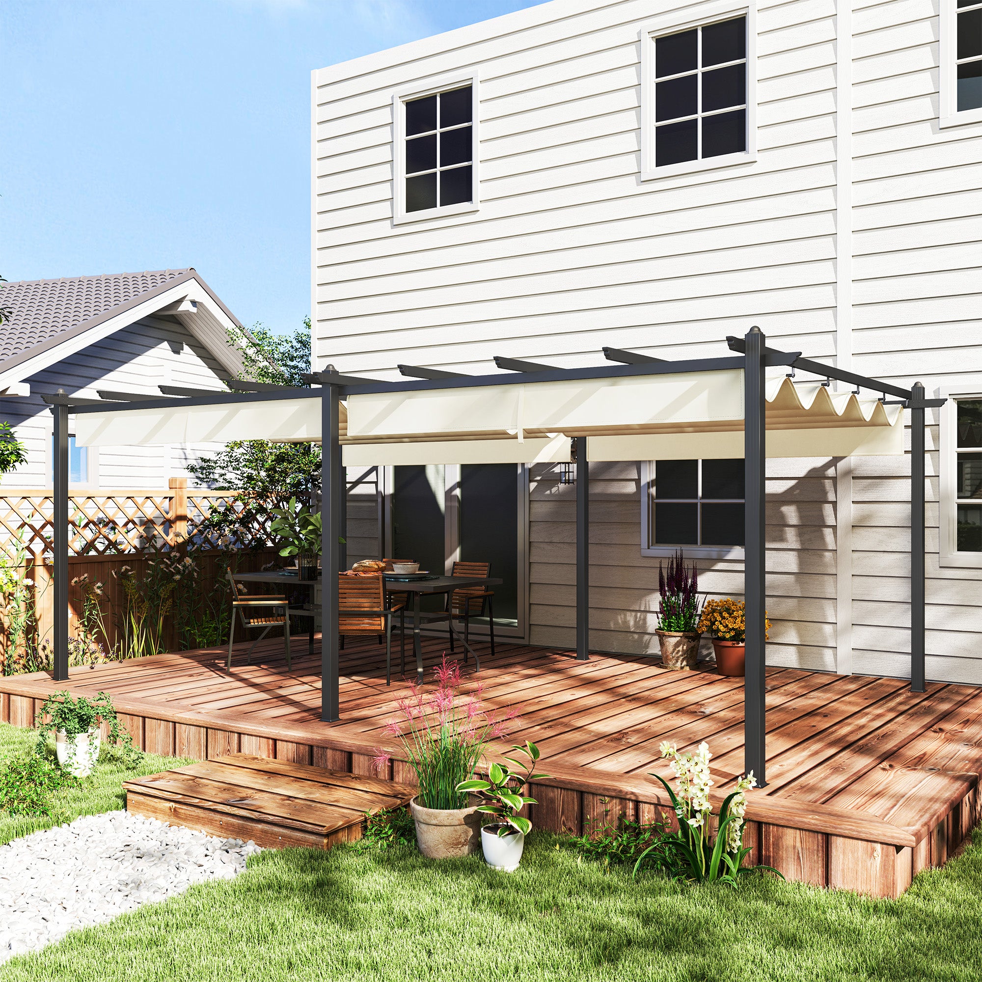 Outdoor Garden Pergola Aluminum 3.6 x 6m Retractable Sliding Roof for Terrace Aluminum Structure + Polyester Fabric - Beige