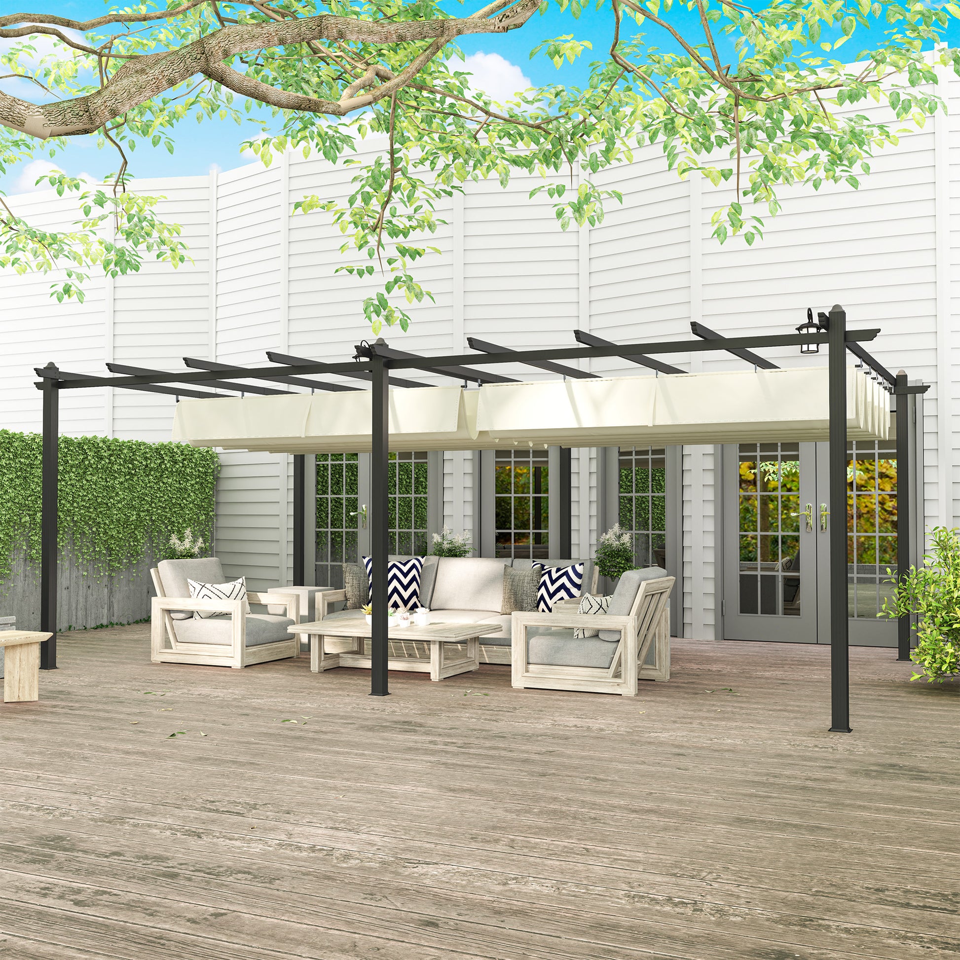 Outdoor Garden Pergola Aluminum 3.6 x 6m Retractable Sliding Roof for Terrace Aluminum Structure + Polyester Fabric - Beige