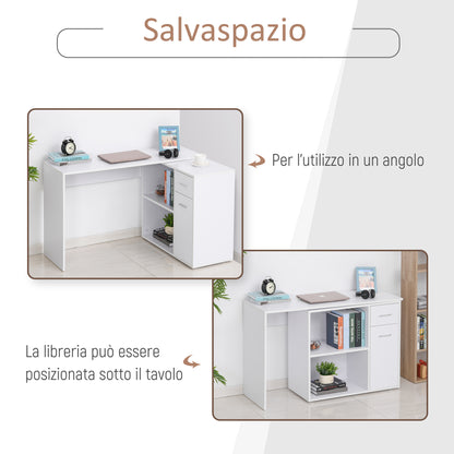 Corner Desk for Study and Office with 2 Drawers and 2 Shelves, Modern Wood Desk, 117x82x74 cm, White