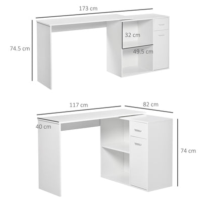 Corner Desk for Study and Office with 2 Drawers and 2 Shelves, Modern Wood Desk, 117x82x74 cm, White