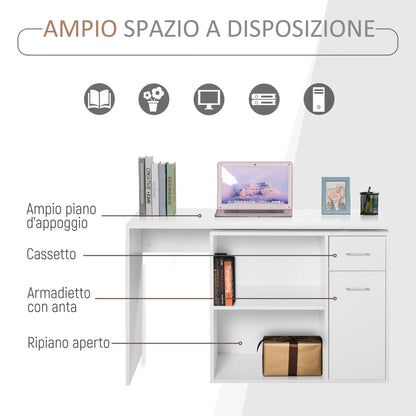Corner Desk for Study and Office with 2 Drawers and 2 Shelves, Modern Wood Desk, 117x82x74 cm, White