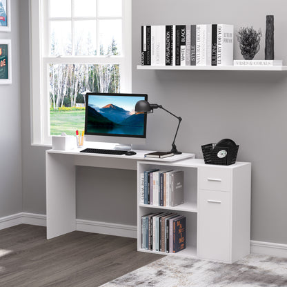 Corner Desk for Study and Office with 2 Drawers and 2 Shelves, Modern Wood Desk, 117x82x74 cm, White