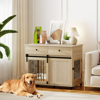 Home Dog Crate 39.4 in with Wheels, Drawer, Sliding Front Door & Lockable Side Door — Oak