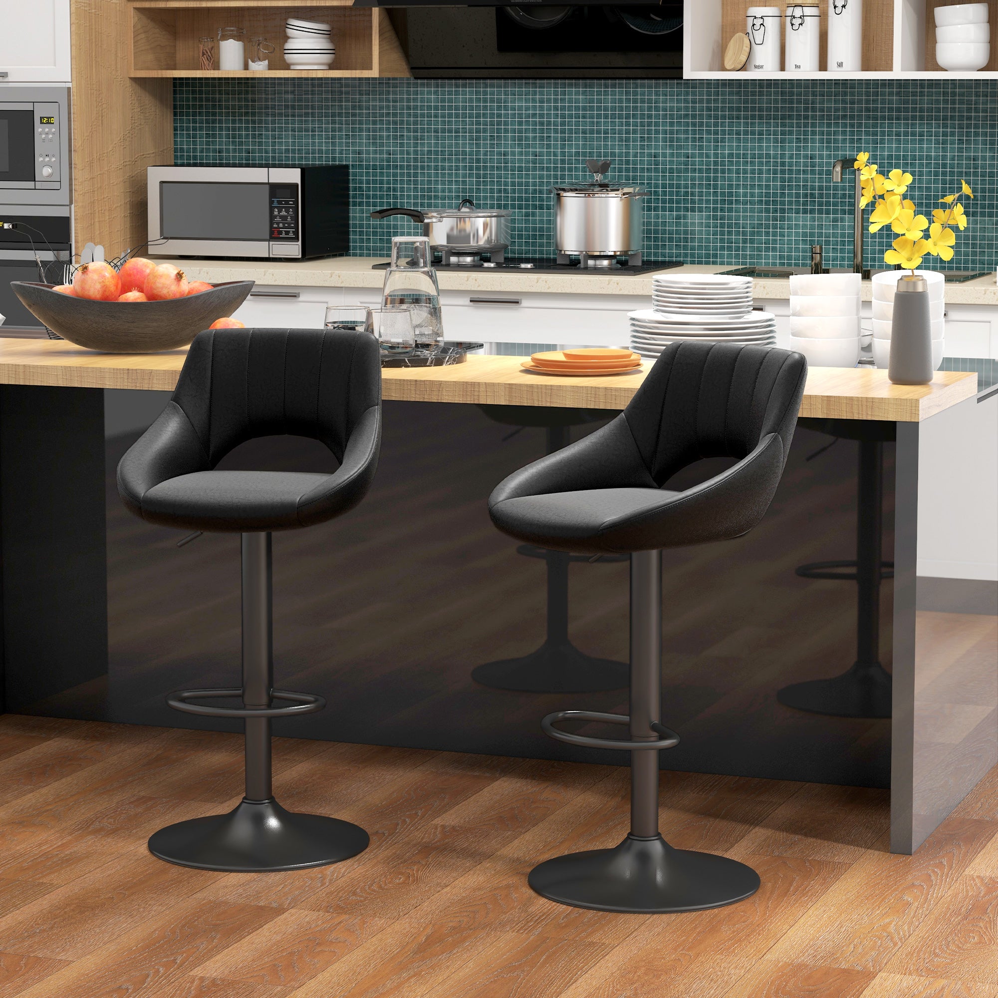 Set of 2 Bar Stools with Adjustable Height 85-106cm and Footrest, High Stools for Kitchen and Living Room with Swivel Seat in Faux Leather, Black