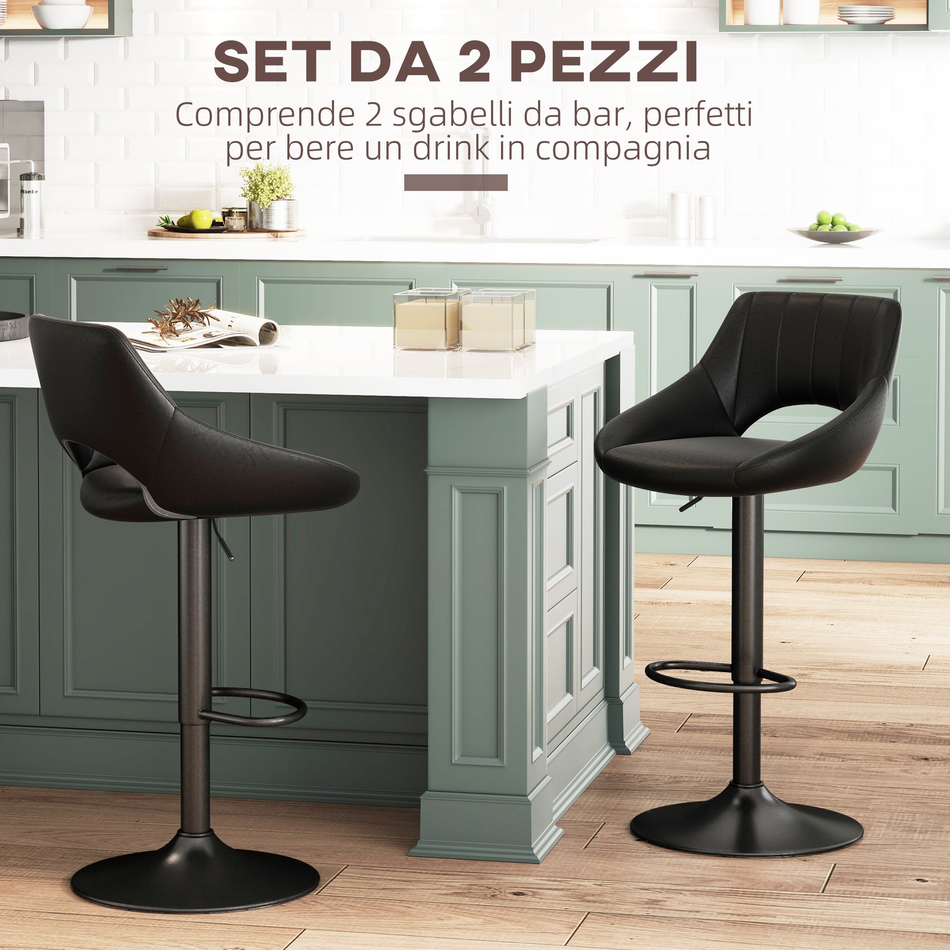 Set of 2 Bar Stools with Adjustable Height 85-106cm and Footrest, High Stools for Kitchen and Living Room with Swivel Seat in Faux Leather, Black