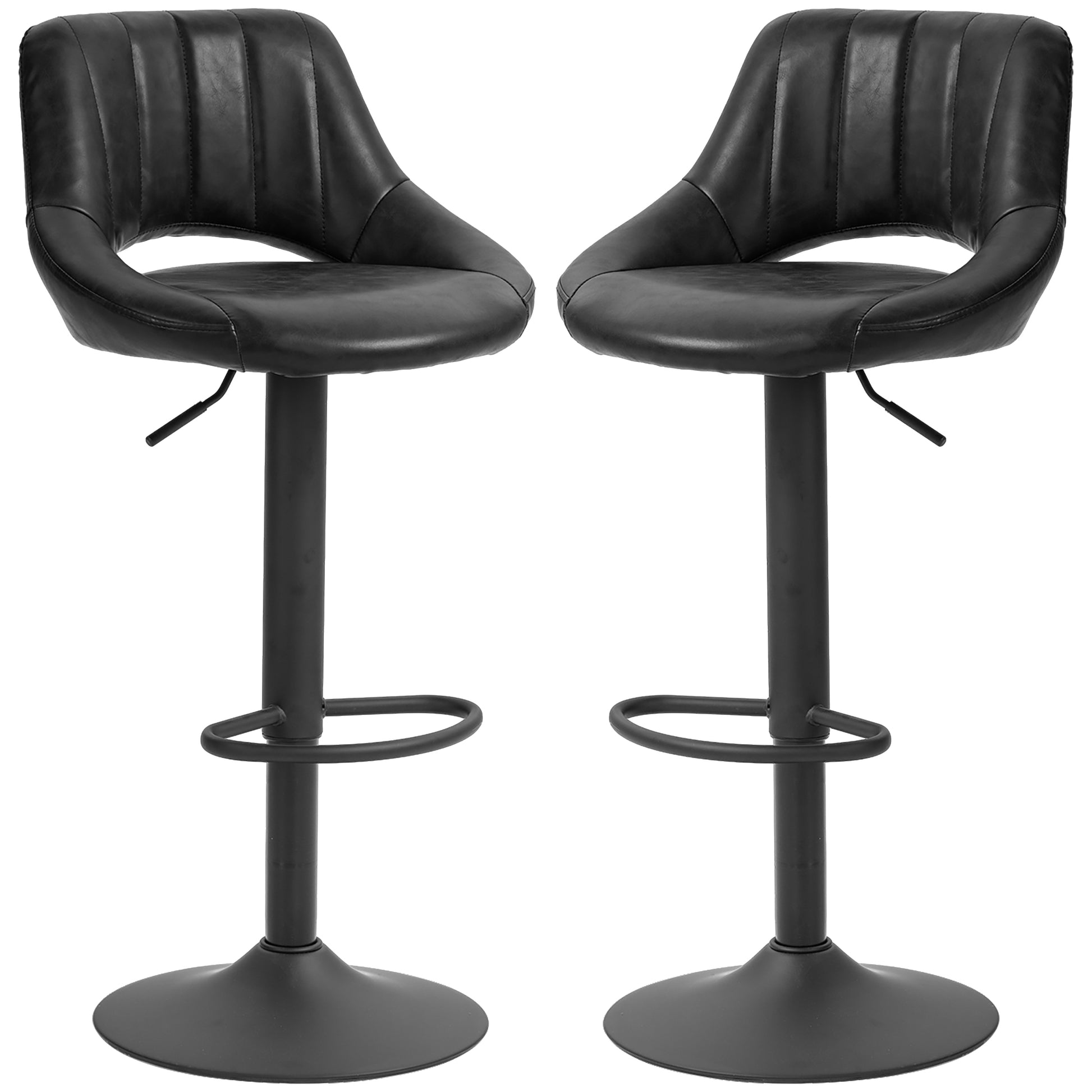 Set of 2 Bar Stools with Adjustable Height 85-106cm and Footrest, High Stools for Kitchen and Living Room with Swivel Seat in Faux Leather, Black