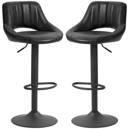Set of 2 Bar Stools with Adjustable Height 85-106cm and Footrest, High Stools for Kitchen and Living Room with Swivel Seat in Faux Leather, Black