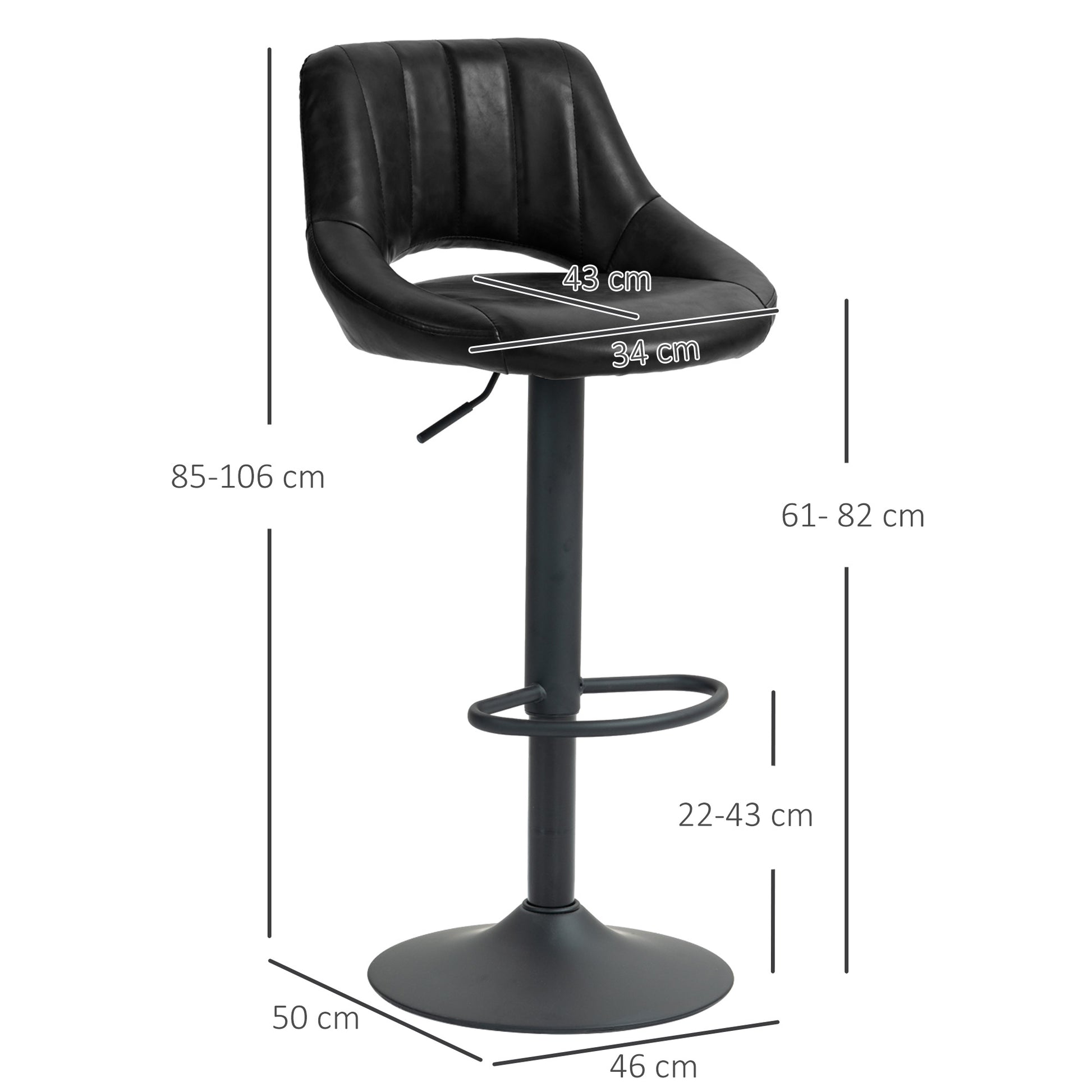 Set of 2 Bar Stools with Adjustable Height 85-106cm and Footrest, High Stools for Kitchen and Living Room with Swivel Seat in Faux Leather, Black