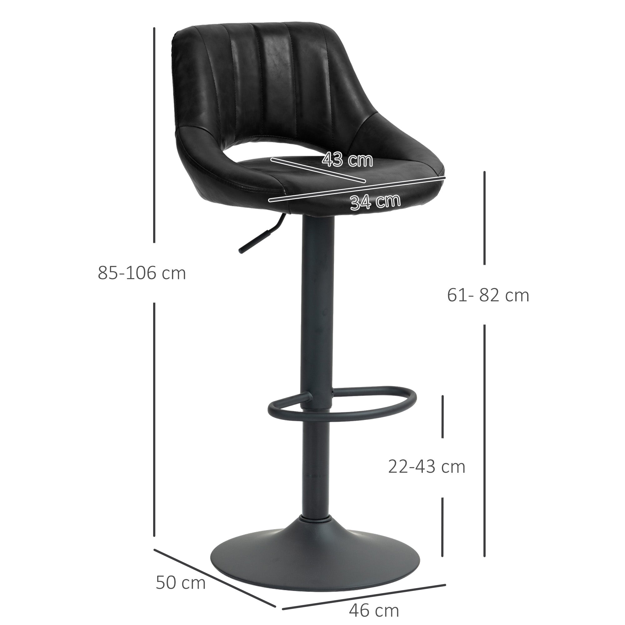 Set of 2 Bar Stools with Adjustable Height 85-106cm and Footrest, High Stools for Kitchen and Living Room with Swivel Seat in Faux Leather, Black