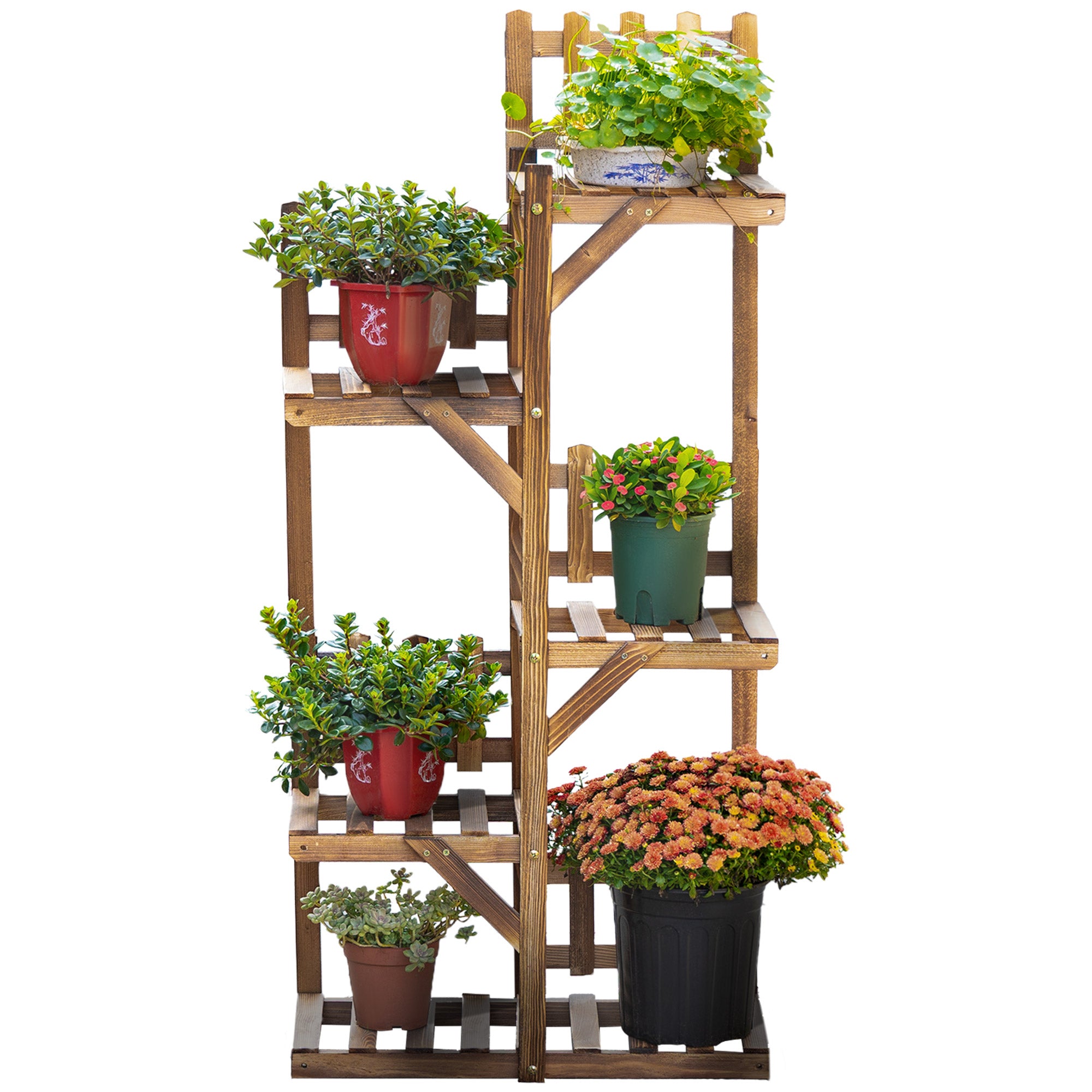 Wooden Flower Shelf Plant Pot Stand Wooden 5 Tier Shelves Ornament Small Barriers 60 x 30x 130cm Carbonized Pine Wood for Indoor Garden Terrace Balcony
