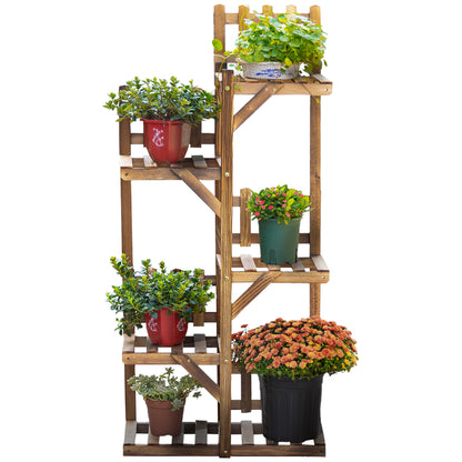 Wooden Flower Shelf Plant Pot Stand Wooden 5 Tier Shelves Ornament Small Barriers 60 x 30x 130cm Carbonized Pine Wood for Indoor Garden Terrace Balcony