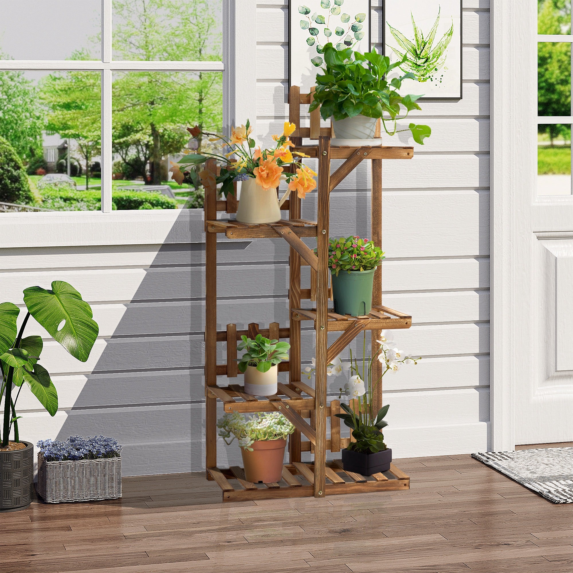 Wooden Flower Shelf Plant Pot Stand Wooden 5 Tier Shelves Ornament Small Barriers 60 x 30x 130cm Carbonized Pine Wood for Indoor Garden Terrace Balcony