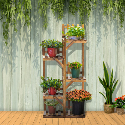 Wooden Flower Shelf Plant Pot Stand Wooden 5 Tier Shelves Ornament Small Barriers 60 x 30x 130cm Carbonized Pine Wood for Indoor Garden Terrace Balcony