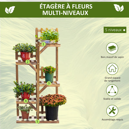 Wooden Flower Shelf Plant Pot Stand Wooden 5 Tier Shelves Ornament Small Barriers 60 x 30x 130cm Carbonized Pine Wood for Indoor Garden Terrace Balcony