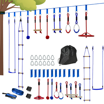 Ninja Warrior Obstacle Course for Kids 10m Ninja Slackline Kit with Climbing Ladder Accessories, Gymnastic Rings, Hanging Tray, Swing, Climbing Poles, Training Equipment Set for Kids