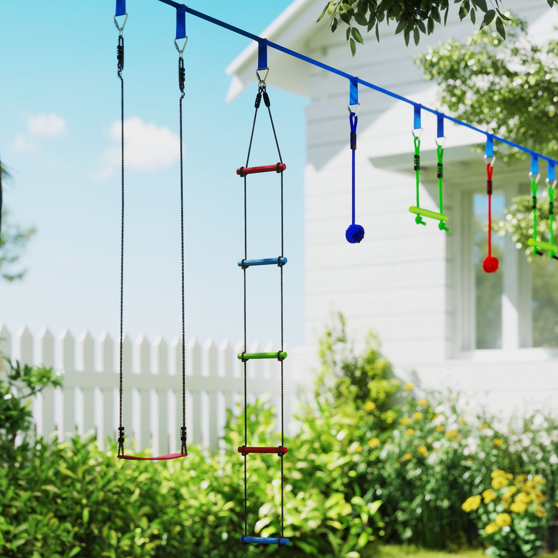 Ninja Warrior Obstacle Course for Kids 10m Ninja Slackline Kit with Climbing Ladder Accessories, Gymnastic Rings, Hanging Tray, Swing, Climbing Poles, Training Equipment Set for Kids