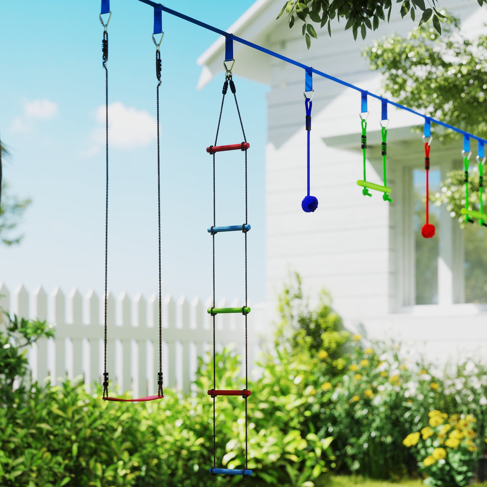 Ninja Warrior Obstacle Course for Kids 10m Ninja Slackline Kit with Climbing Ladder Accessories, Gymnastic Rings, Hanging Tray, Swing, Climbing Poles, Training Equipment Set for Kids