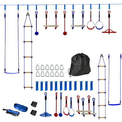 Ninja Warrior Obstacle Course for Kids 10m Ninja Slackline Kit with Climbing Ladder Accessories, Gymnastic Rings, Hanging Tray, Swing, Climbing Poles, Training Equipment Set for Kids