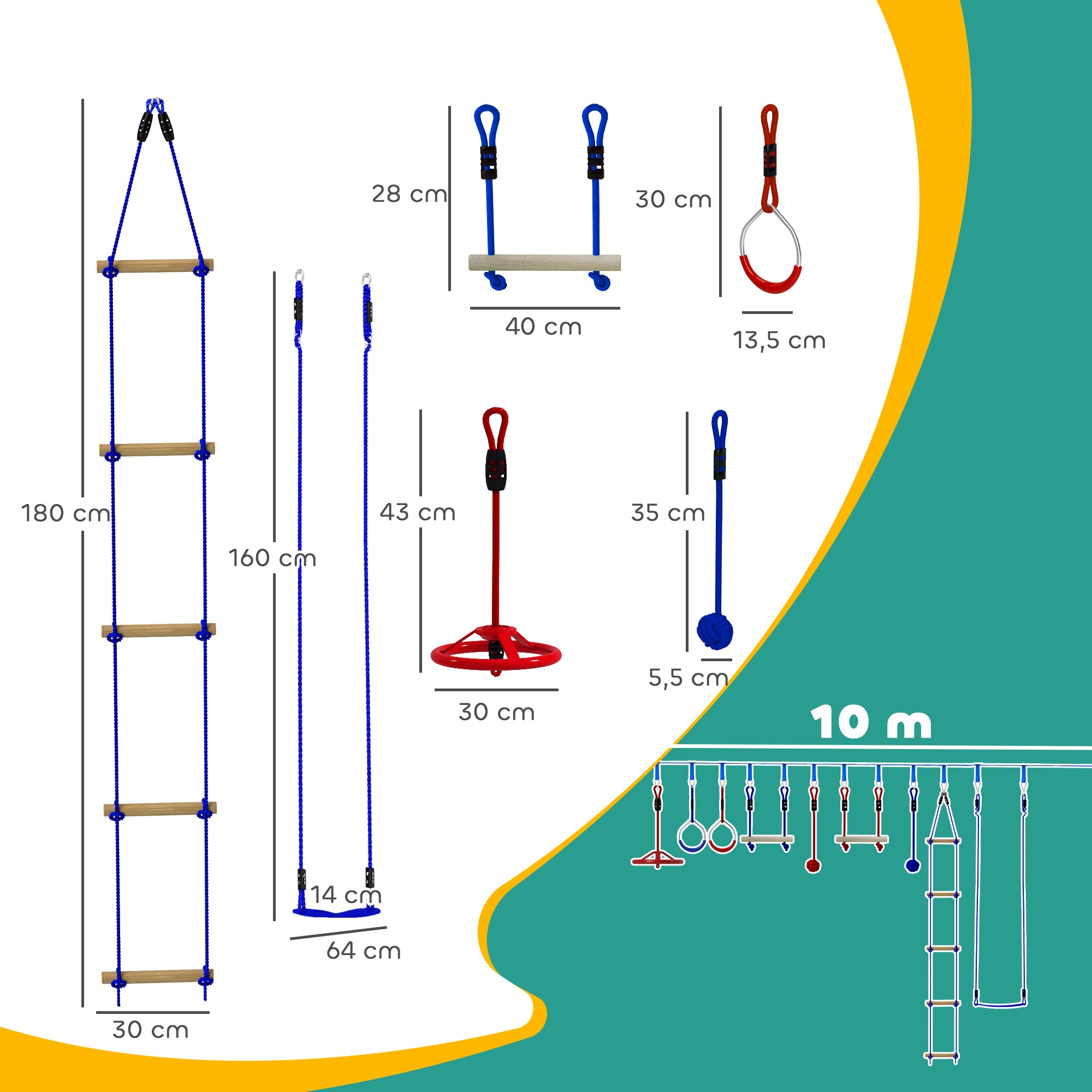 Ninja Warrior Obstacle Course for Kids 10m Ninja Slackline Kit with Climbing Ladder Accessories, Gymnastic Rings, Hanging Tray, Swing, Climbing Poles, Training Equipment Set for Kids