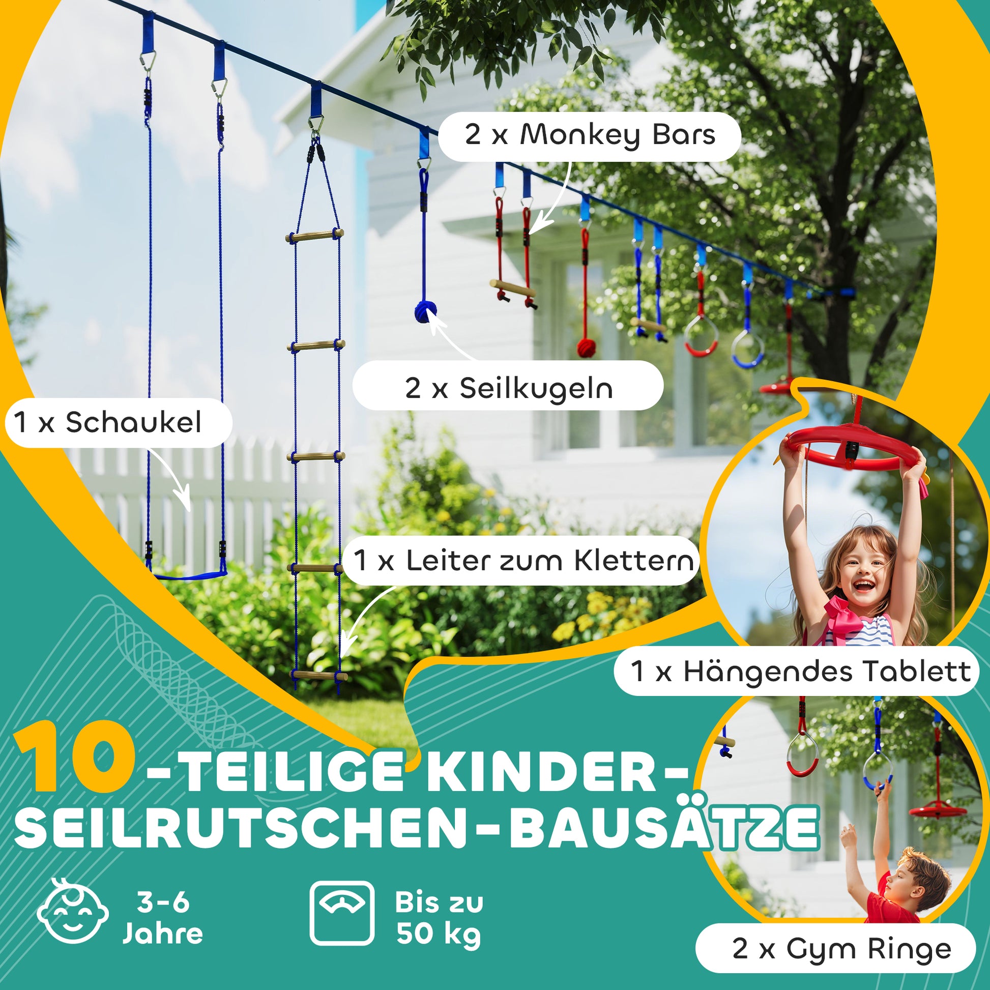 Ninja Warrior Obstacle Course for Kids 10m Ninja Slackline Kit with Climbing Ladder Accessories, Gymnastic Rings, Hanging Tray, Swing, Climbing Poles, Training Equipment Set for Kids