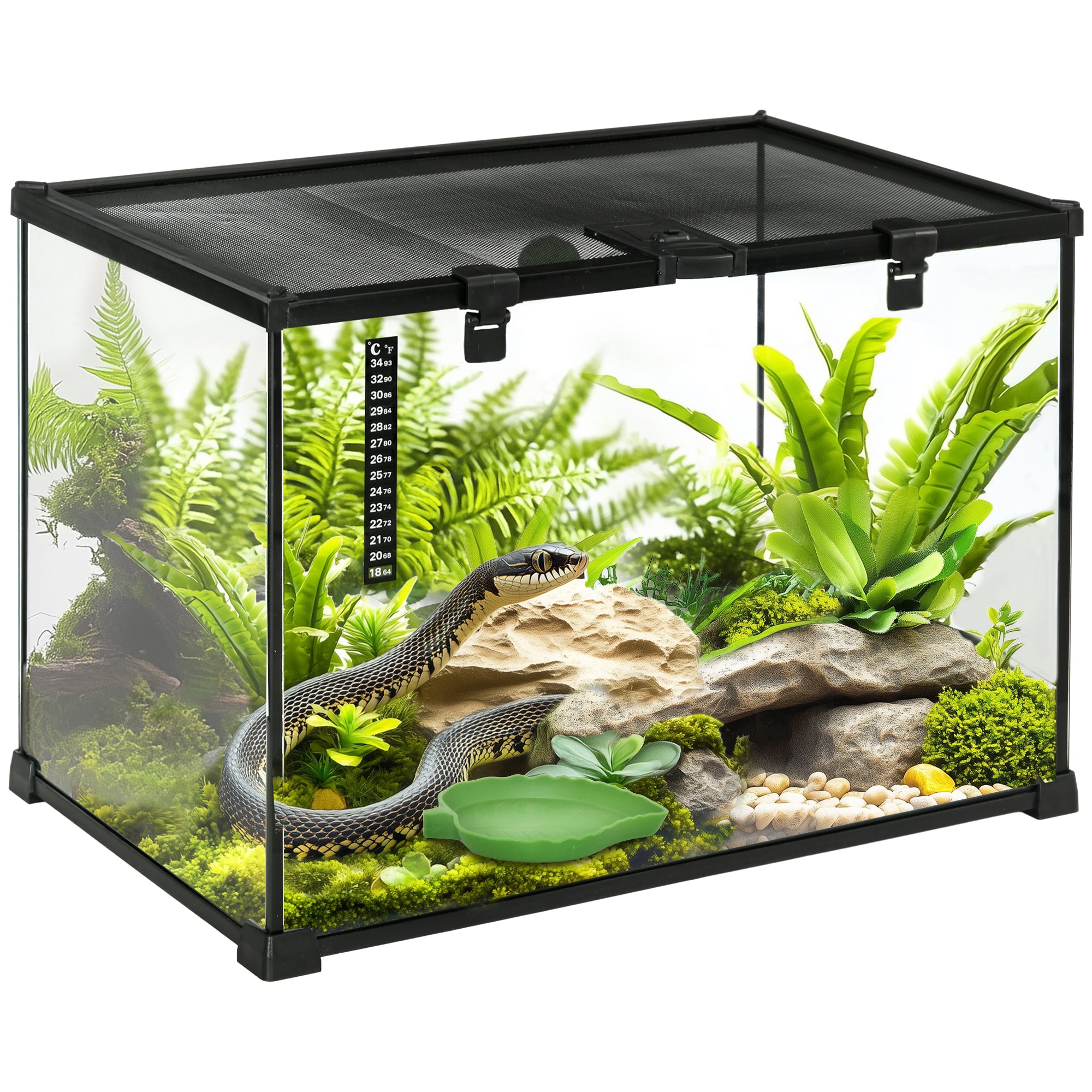 Terrarium for Reptiles Reptile Feeding Box Glass Terrarium Amphibians Arachnids with Thermometer Reptile Breeding Box Metal Black 50 x 30 x 35 cm