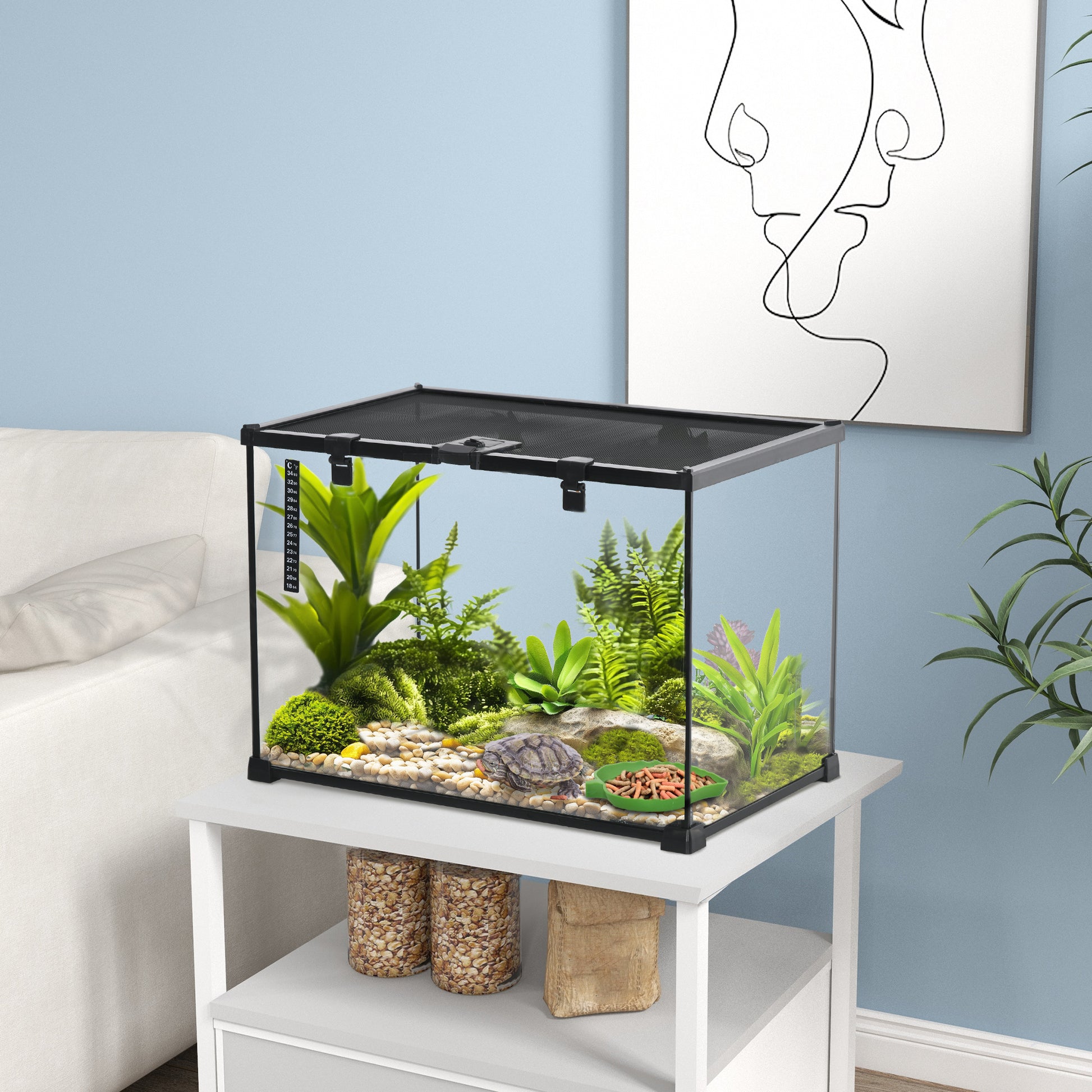 Terrarium for Reptiles Reptile Feeding Box Glass Terrarium Amphibians Arachnids with Thermometer Reptile Breeding Box Metal Black 50 x 30 x 35 cm