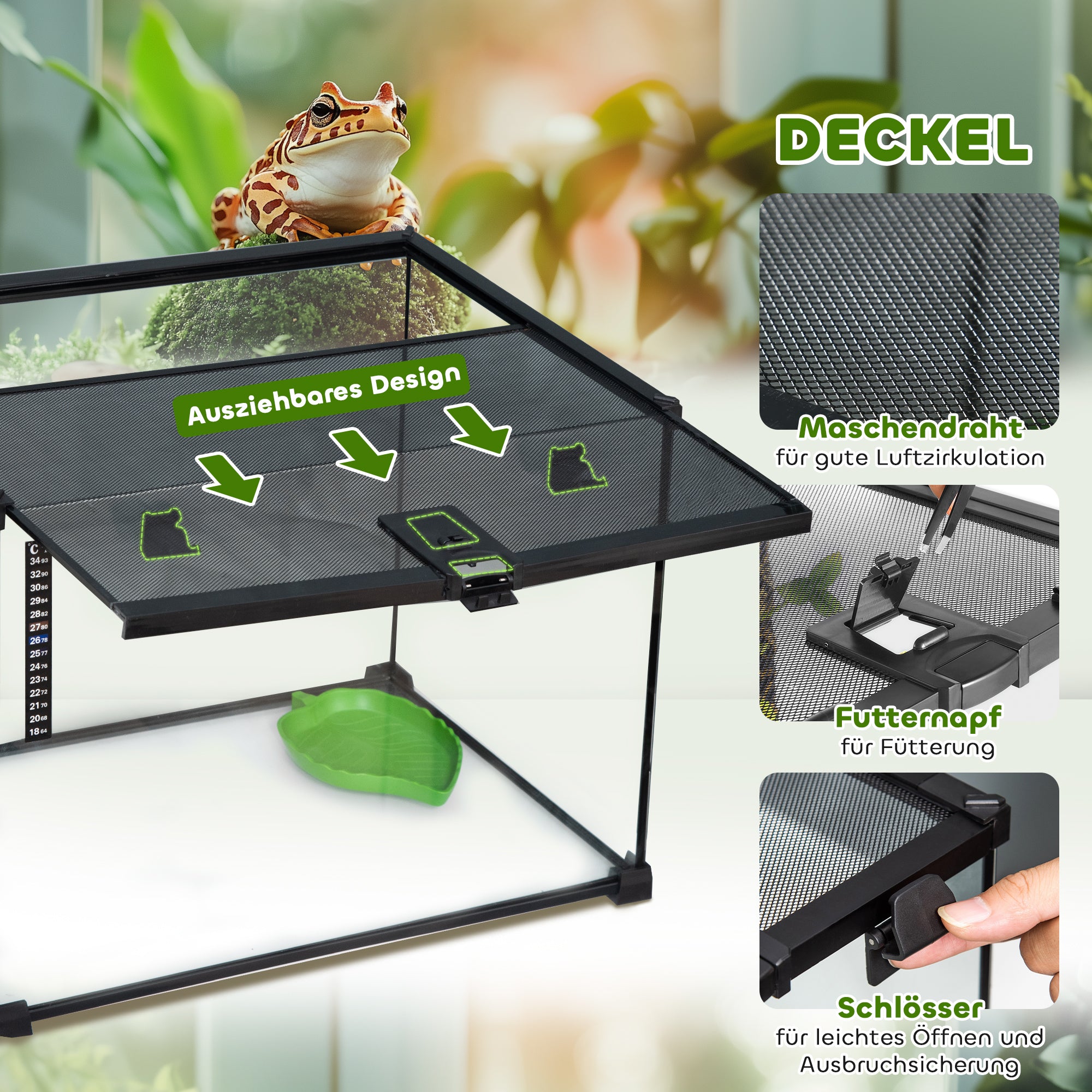 Terrarium for Reptiles Reptile Feeding Box Glass Terrarium Amphibians Arachnids with Thermometer Reptile Breeding Box Metal Black 50 x 30 x 35 cm
