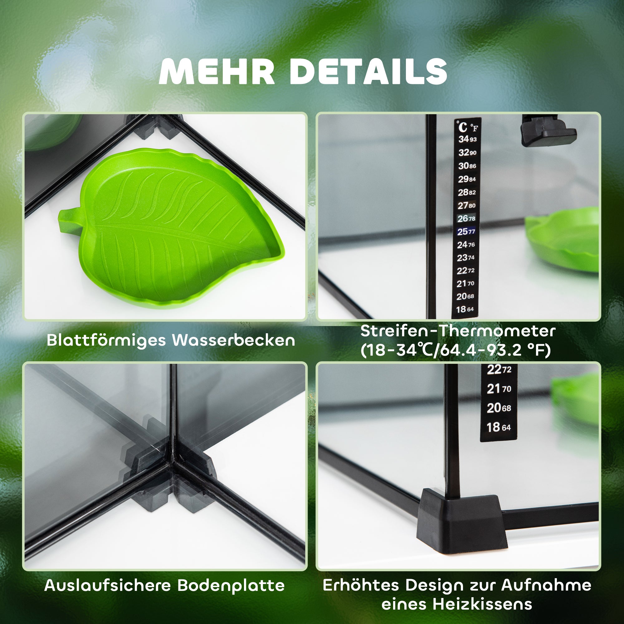 Terrarium for Reptiles Reptile Feeding Box Glass Terrarium Amphibians Arachnids with Thermometer Reptile Breeding Box Metal Black 50 x 30 x 35 cm