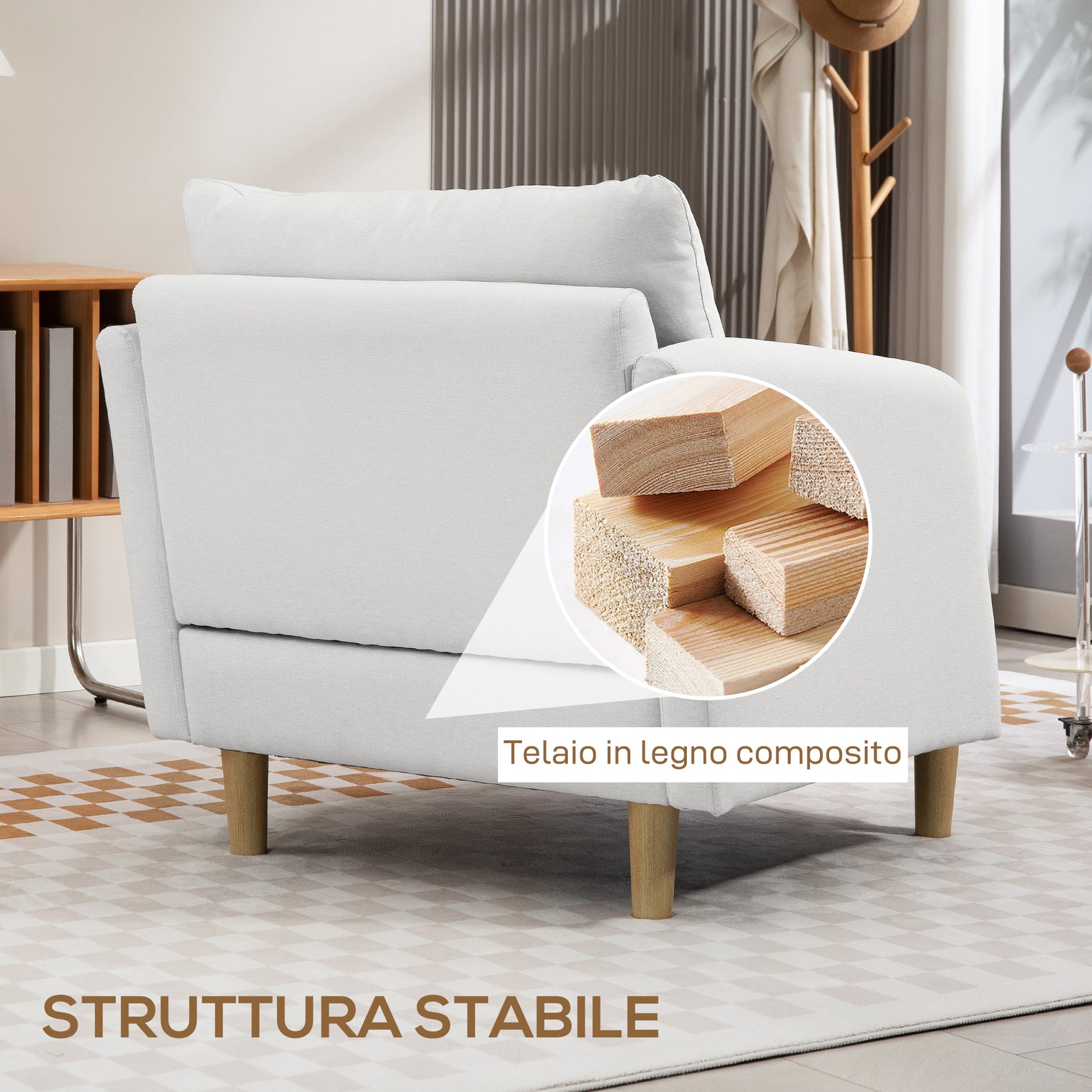 Modern Living Room Armchair, Bedroom and Living Room Armchair in Fabric with Wide Seat and Thick Padding with Pocket Springs, Cream White