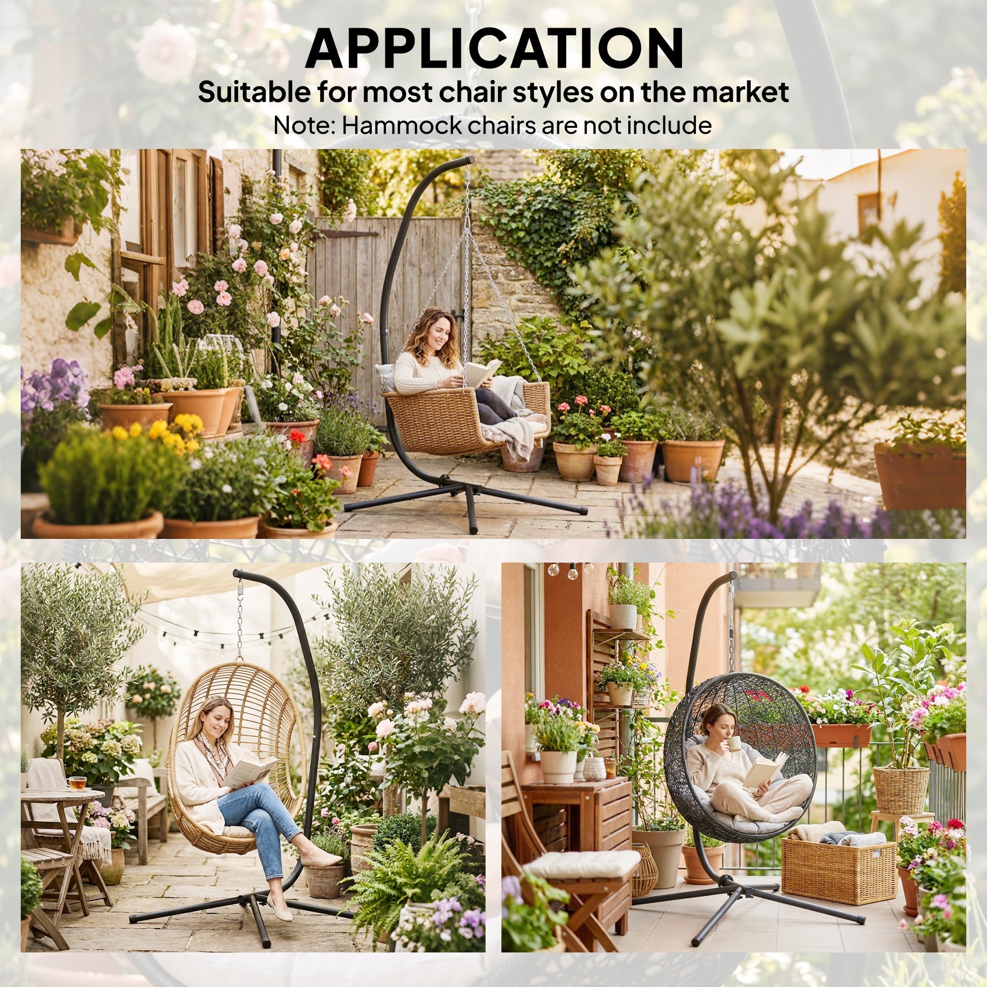 C-Frame Hanging Chair Stand — Height-Adjustable Metal with Suspension Chain, Up to 150 kg (330 lb), Indoor/Outdoor, Black