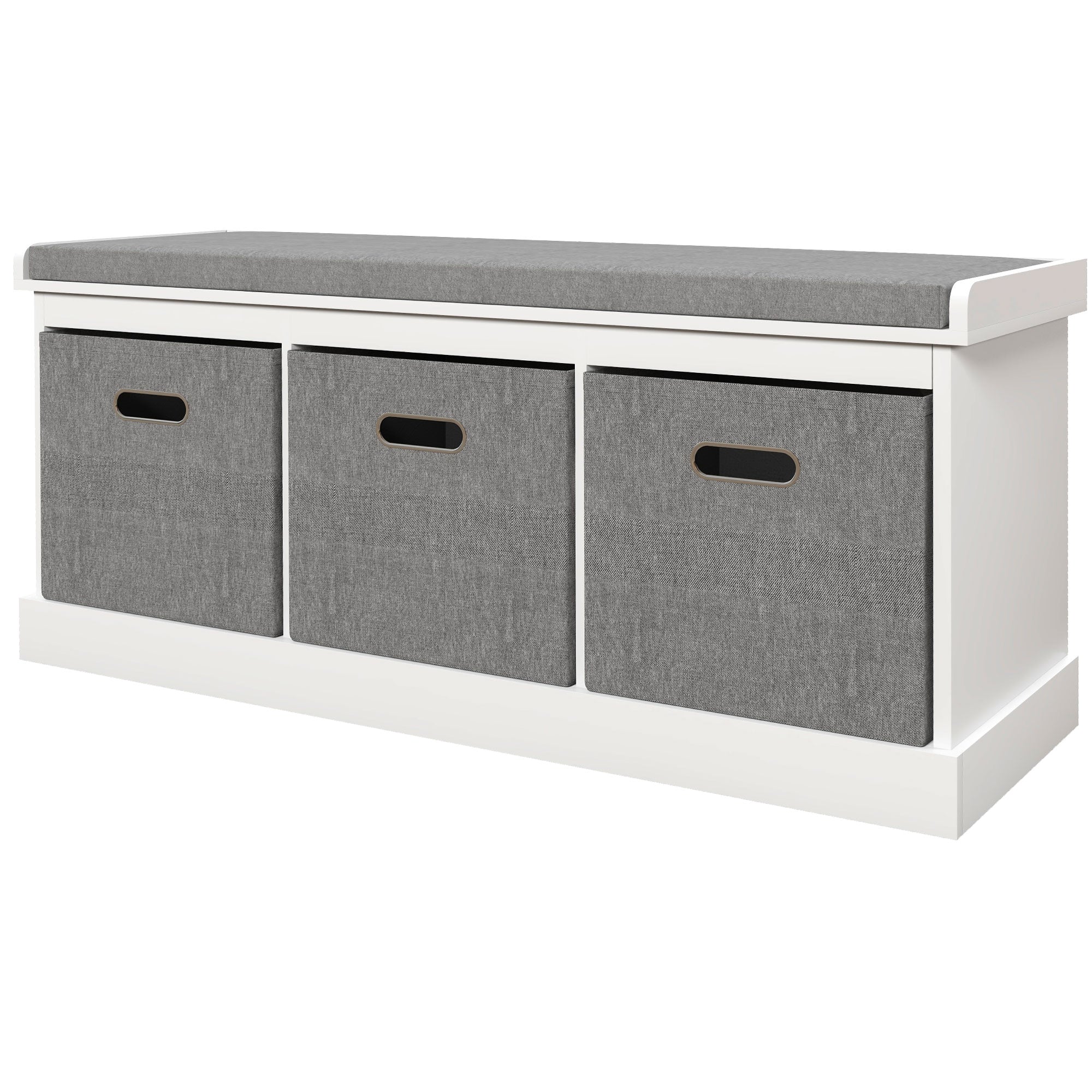 Entryway Shoe Bench with 3 Drawers, Shoe Storage Bench with Wood and Fabric Seat, Shoe Rack Bench for 3 Pairs of Shoes, Living Room and Hallway, 105x35x47 cm, White