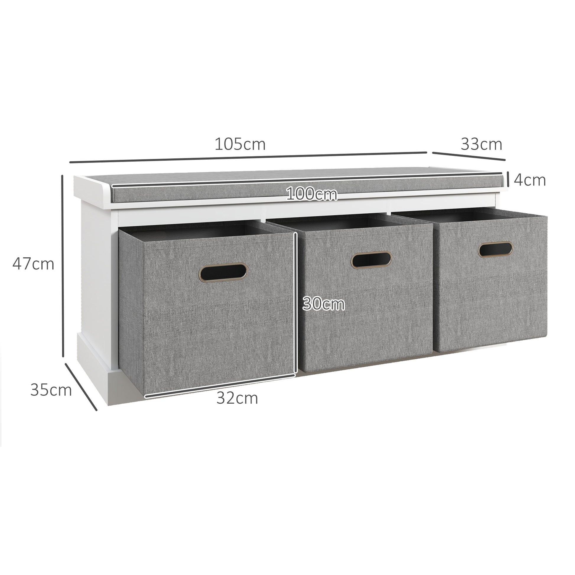 Entryway Shoe Bench with 3 Drawers, Shoe Storage Bench with Wood and Fabric Seat, Shoe Rack Bench for 3 Pairs of Shoes, Living Room and Hallway, 105x35x47 cm, White