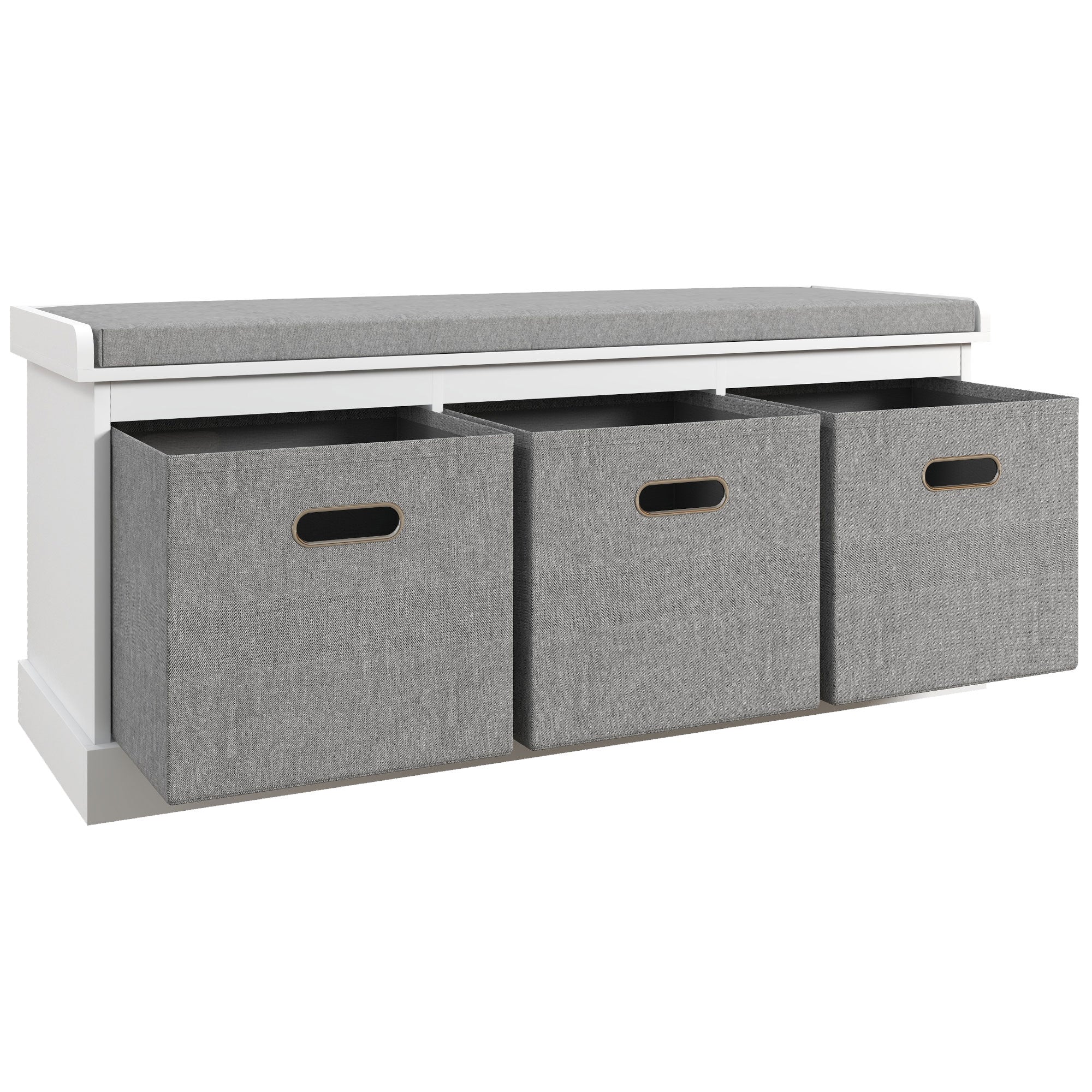 Entryway Shoe Bench with 3 Drawers, Shoe Storage Bench with Wood and Fabric Seat, Shoe Rack Bench for 3 Pairs of Shoes, Living Room and Hallway, 105x35x47 cm, White