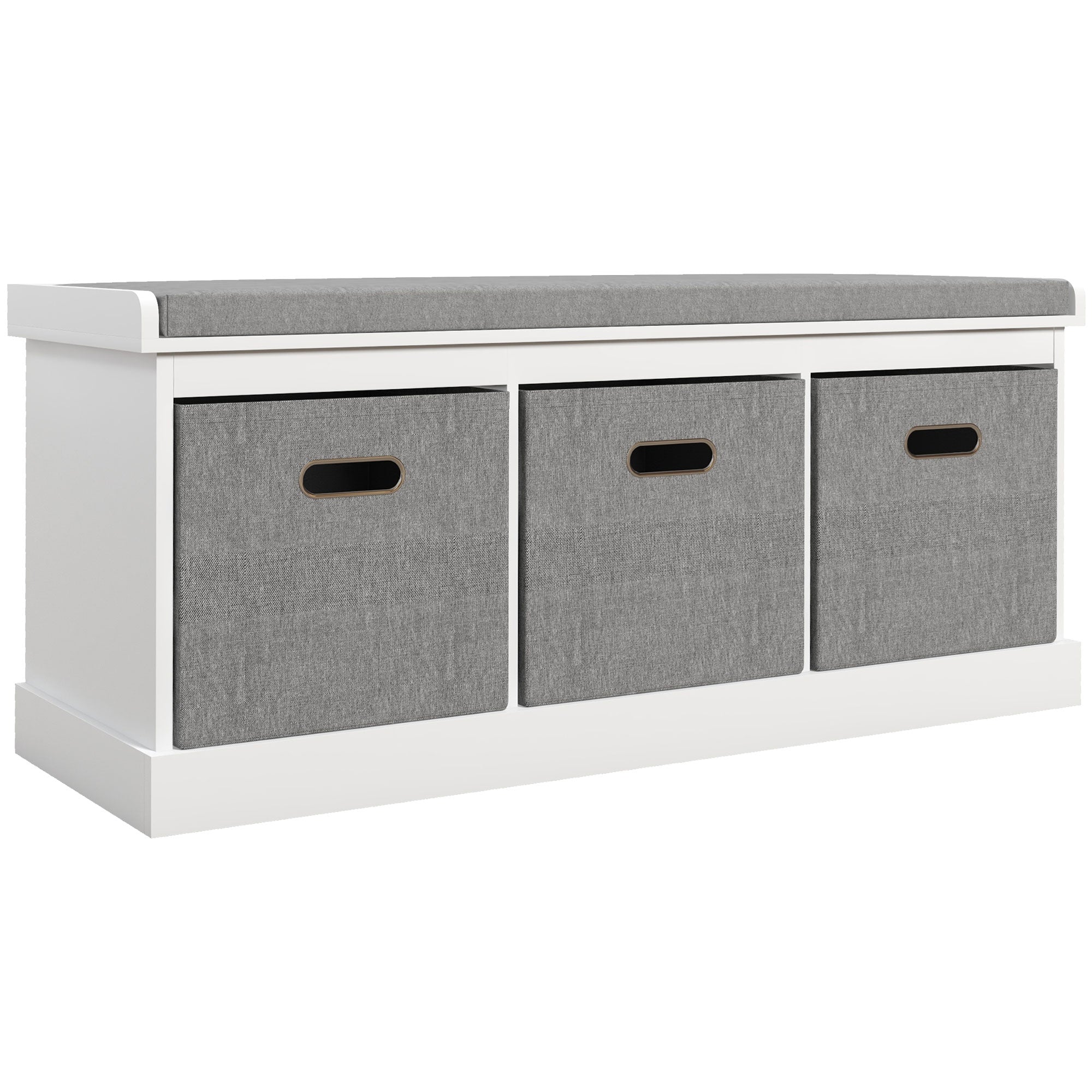 Entryway Shoe Bench with 3 Drawers, Shoe Storage Bench with Wood and Fabric Seat, Shoe Rack Bench for 3 Pairs of Shoes, Living Room and Hallway, 105x35x47 cm, White