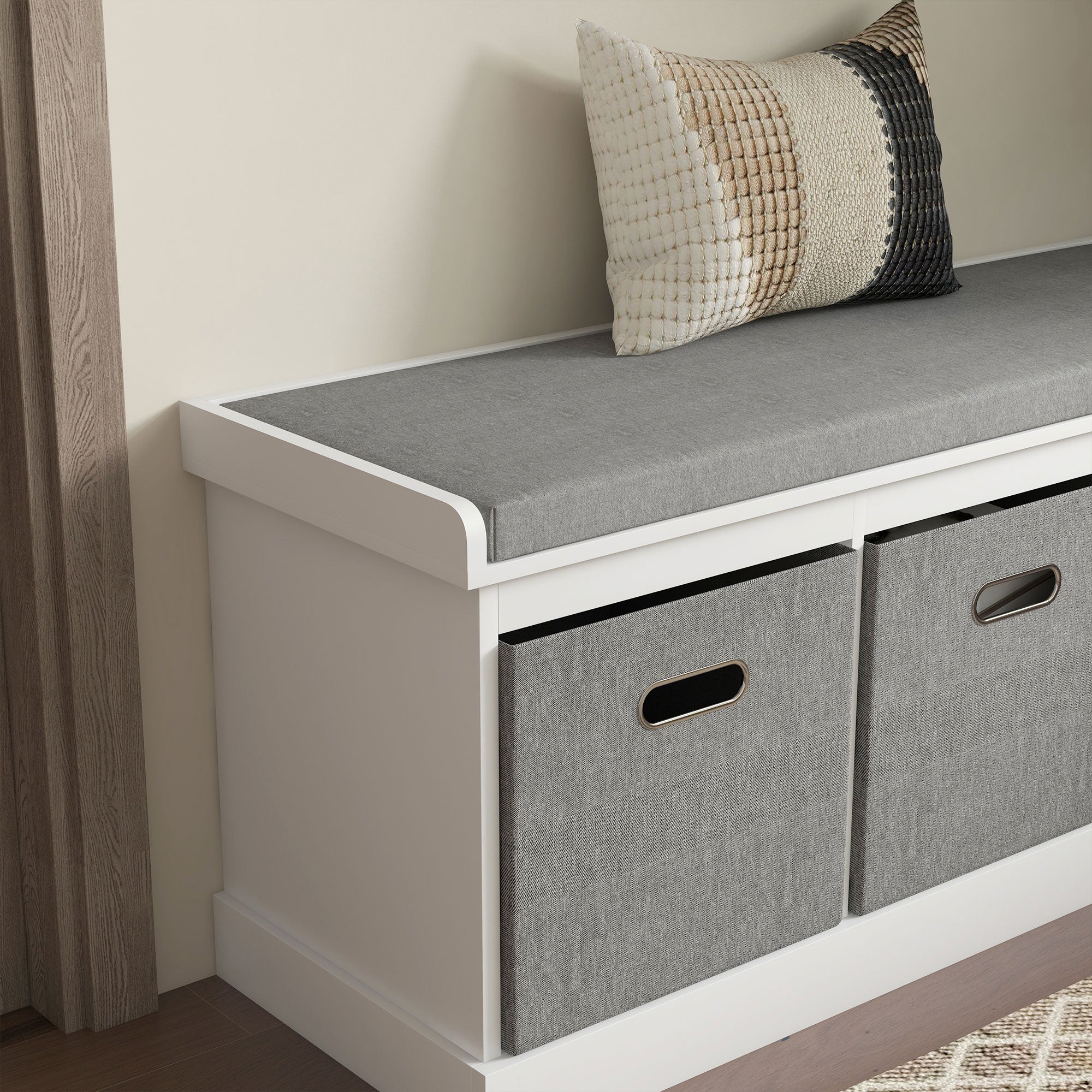 Entryway Shoe Bench with 3 Drawers, Shoe Storage Bench with Wood and Fabric Seat, Shoe Rack Bench for 3 Pairs of Shoes, Living Room and Hallway, 105x35x47 cm, White