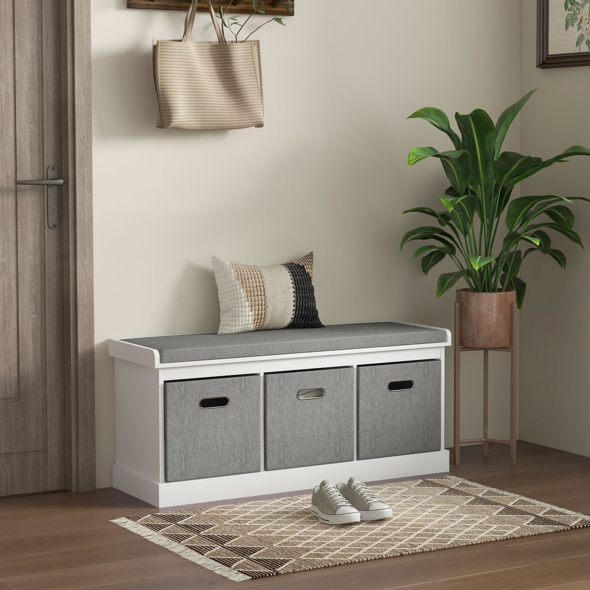 Entryway Shoe Bench with 3 Drawers, Shoe Storage Bench with Wood and Fabric Seat, Shoe Rack Bench for 3 Pairs of Shoes, Living Room and Hallway, 105x35x47 cm, White