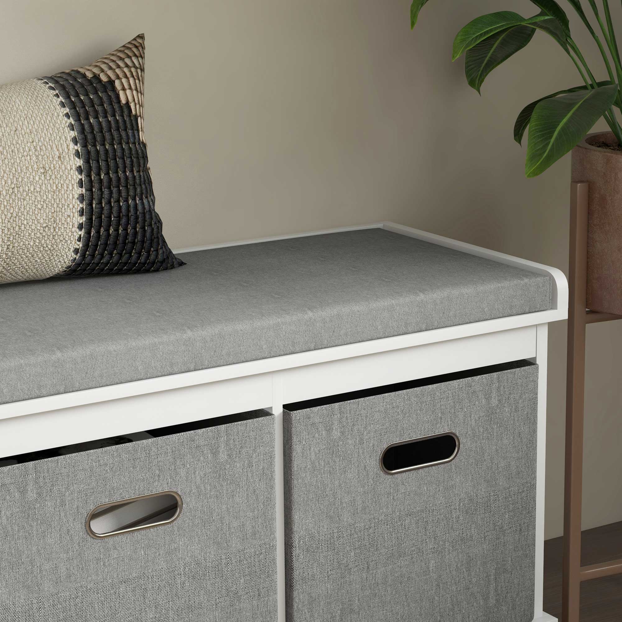 Entryway Shoe Bench with 3 Drawers, Shoe Storage Bench with Wood and Fabric Seat, Shoe Rack Bench for 3 Pairs of Shoes, Living Room and Hallway, 105x35x47 cm, White