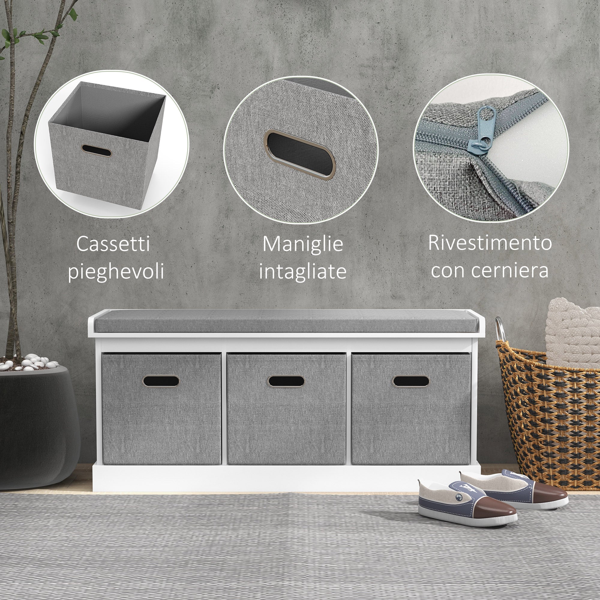 Entryway Shoe Bench with 3 Drawers, Shoe Storage Bench with Wood and Fabric Seat, Shoe Rack Bench for 3 Pairs of Shoes, Living Room and Hallway, 105x35x47 cm, White