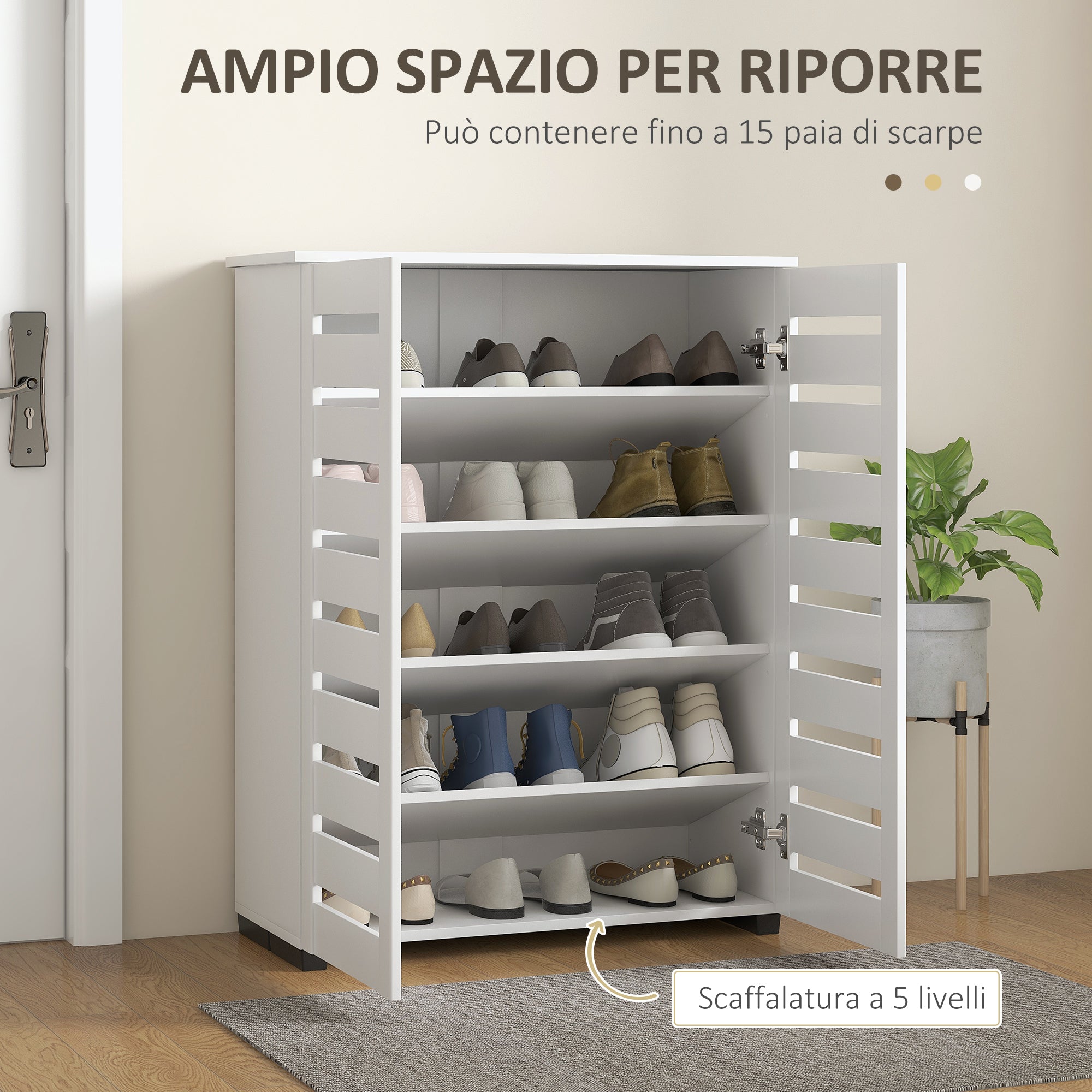 5-Level Shoe Rack with 4 Adjustable Shelves and Slatted Doors, Modern Space-Saving Shoe Organizer in Wood, 76x33x98 cm, White
