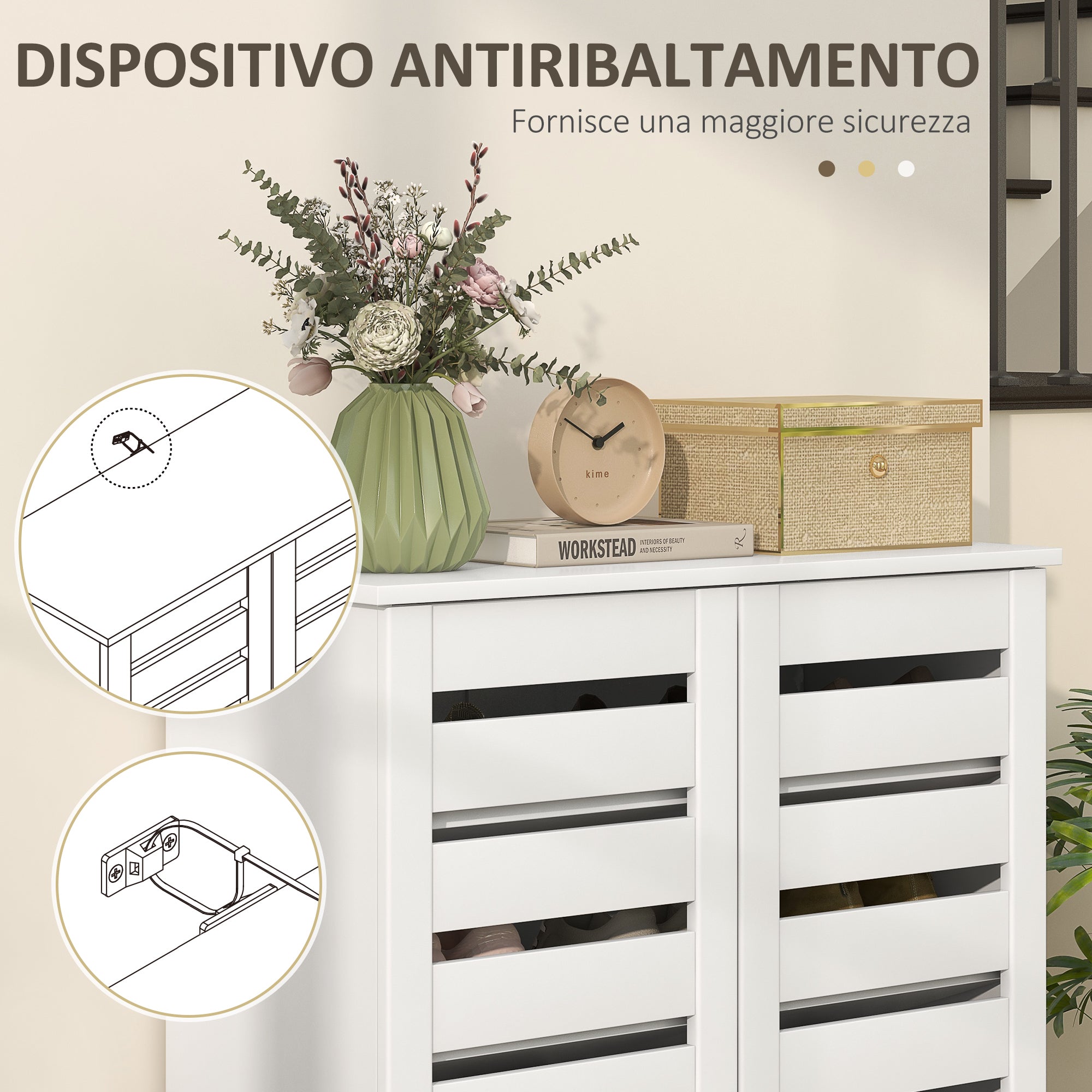 5-Level Shoe Rack with 4 Adjustable Shelves and Slatted Doors, Modern Space-Saving Shoe Organizer in Wood, 76x33x98 cm, White