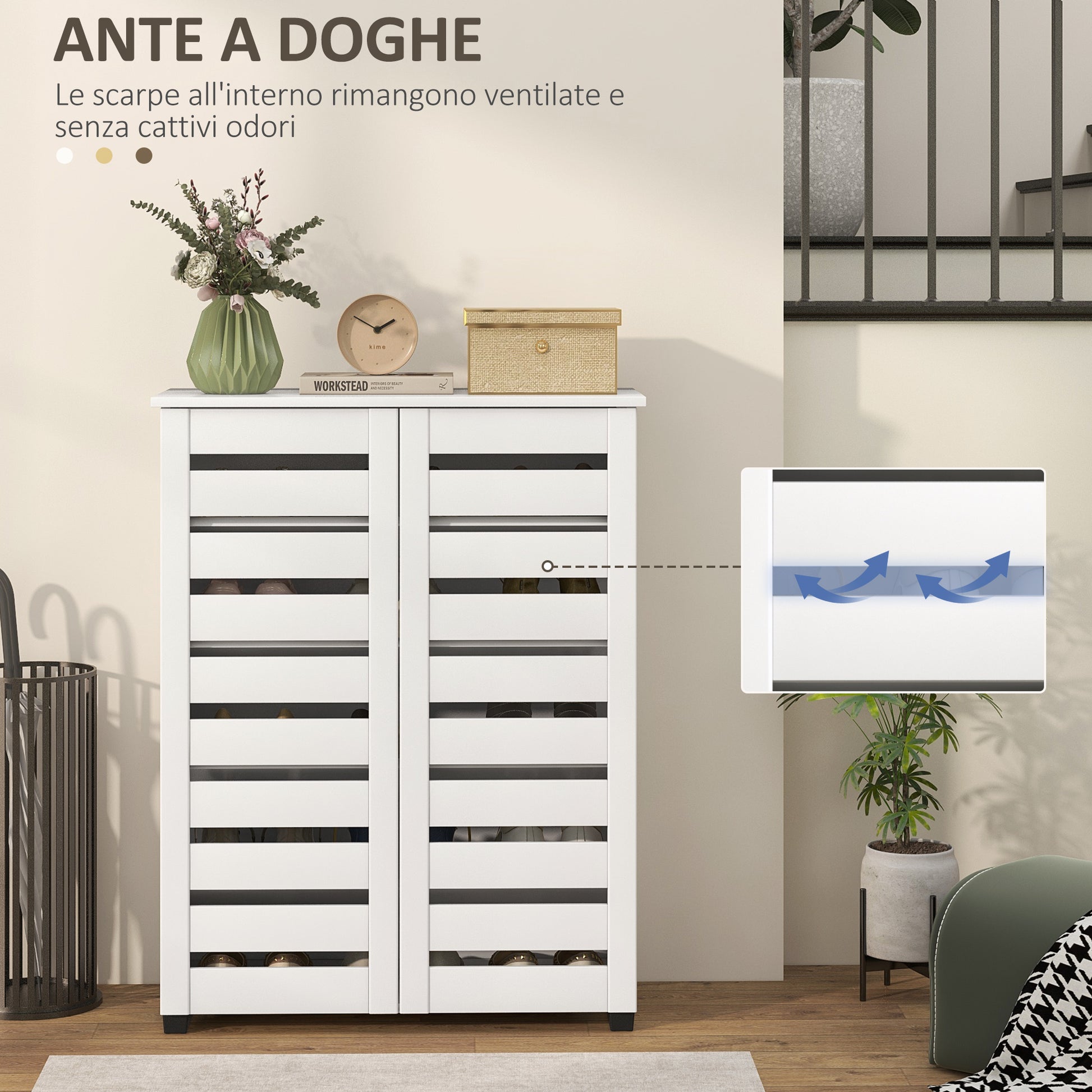 5-Level Shoe Rack with 4 Adjustable Shelves and Slatted Doors, Modern Space-Saving Shoe Organizer in Wood, 76x33x98 cm, White