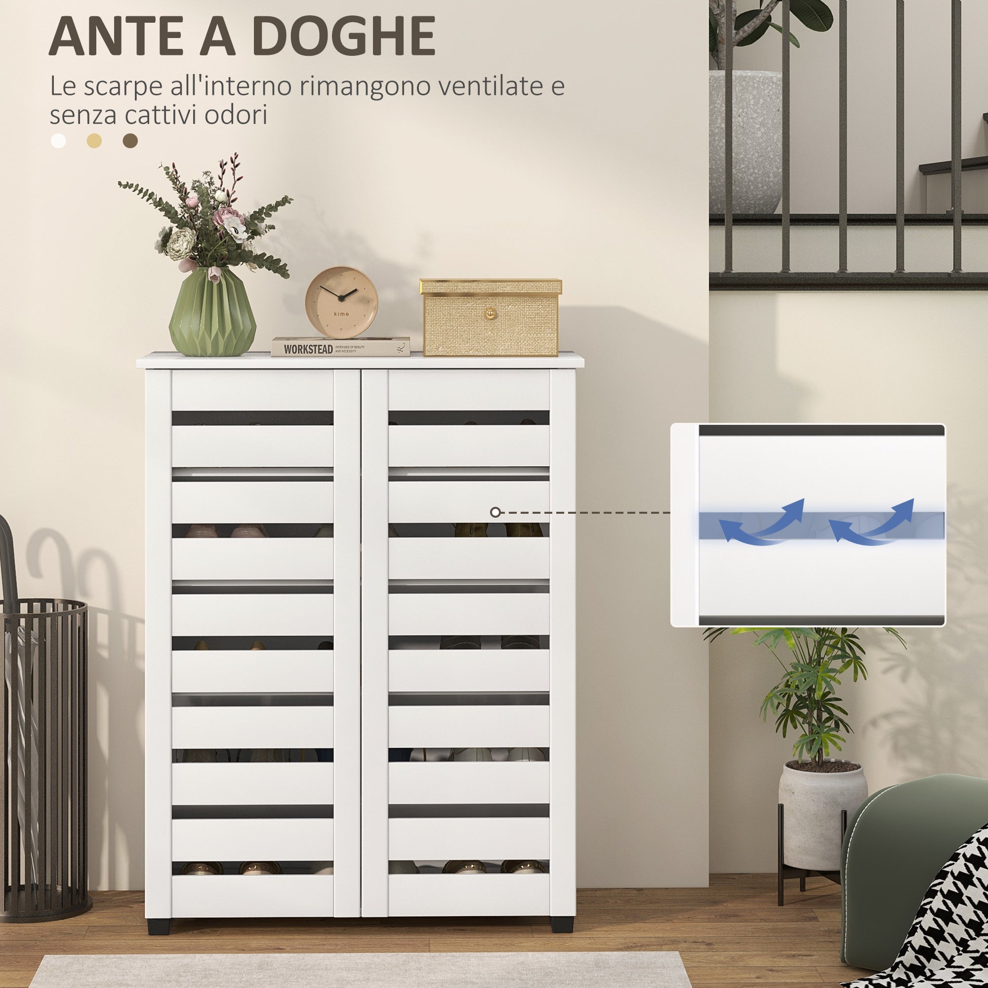 5-Level Shoe Rack with 4 Adjustable Shelves and Slatted Doors, Modern Space-Saving Shoe Organizer in Wood, 76x33x98 cm, White